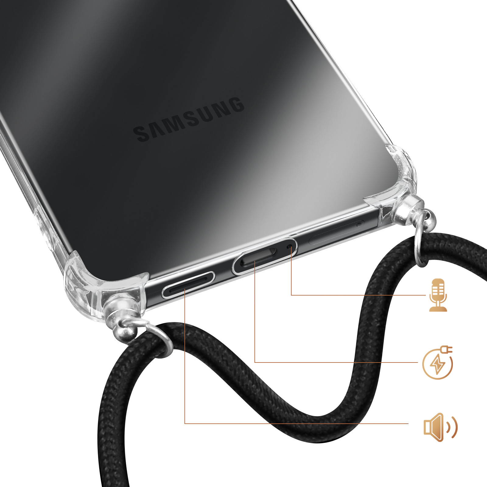 Samsung telefoon in doorzichtig hoesje met zwart koord en iconen voor microfoon, opladen, luidspreker.
