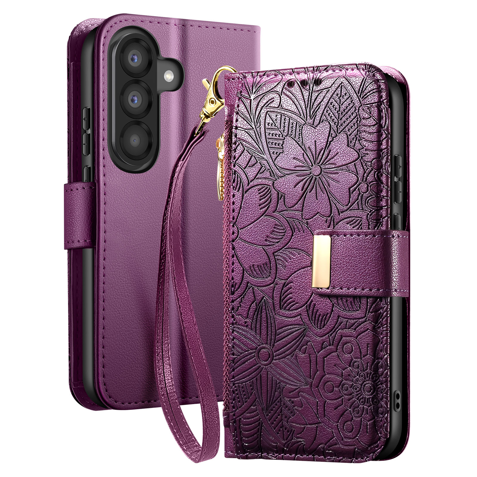Custodia viola per telefono con motivo floreale e cinturino.