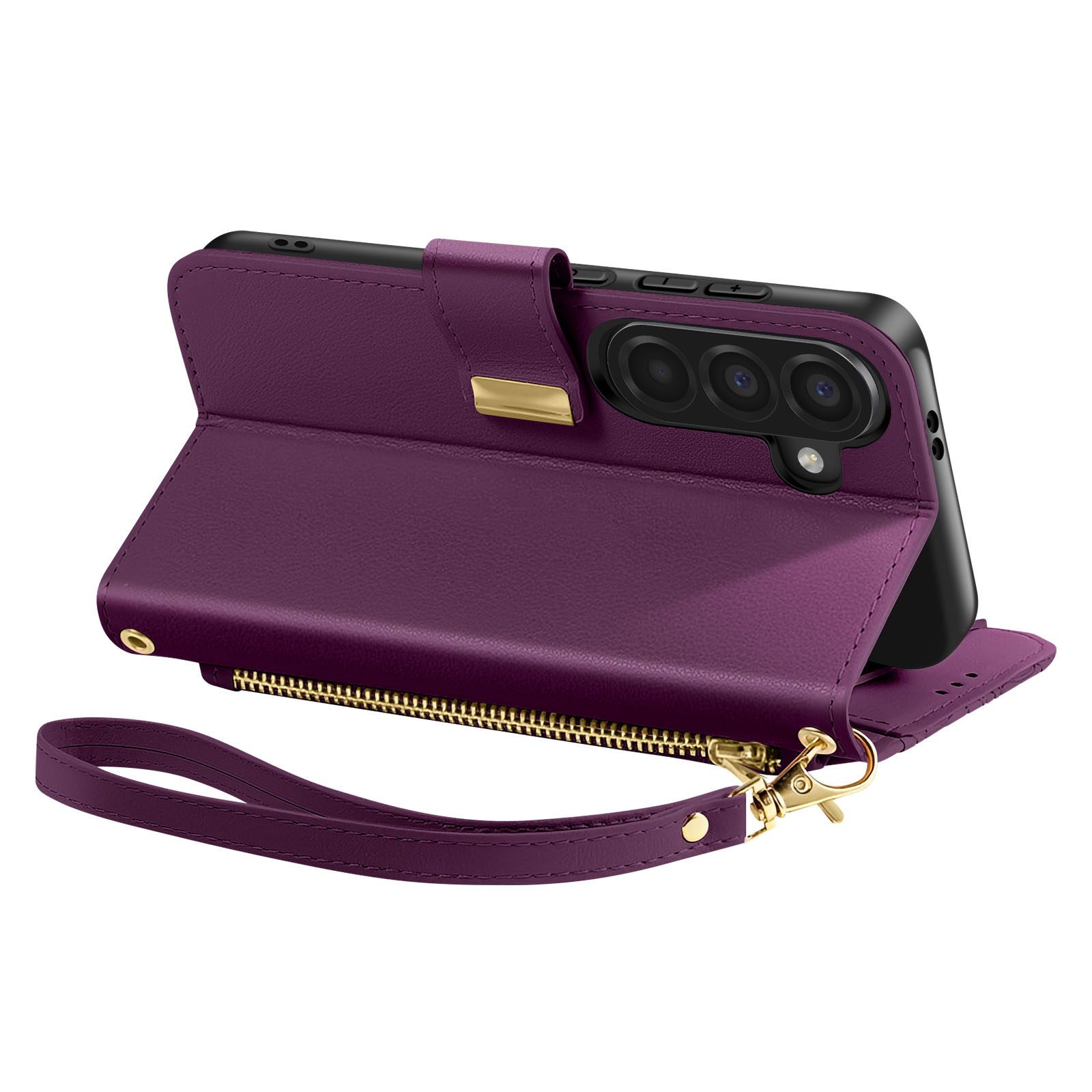 Custodia viola per telefono con cerniera, cinturino da polso e apertura fotocamera.