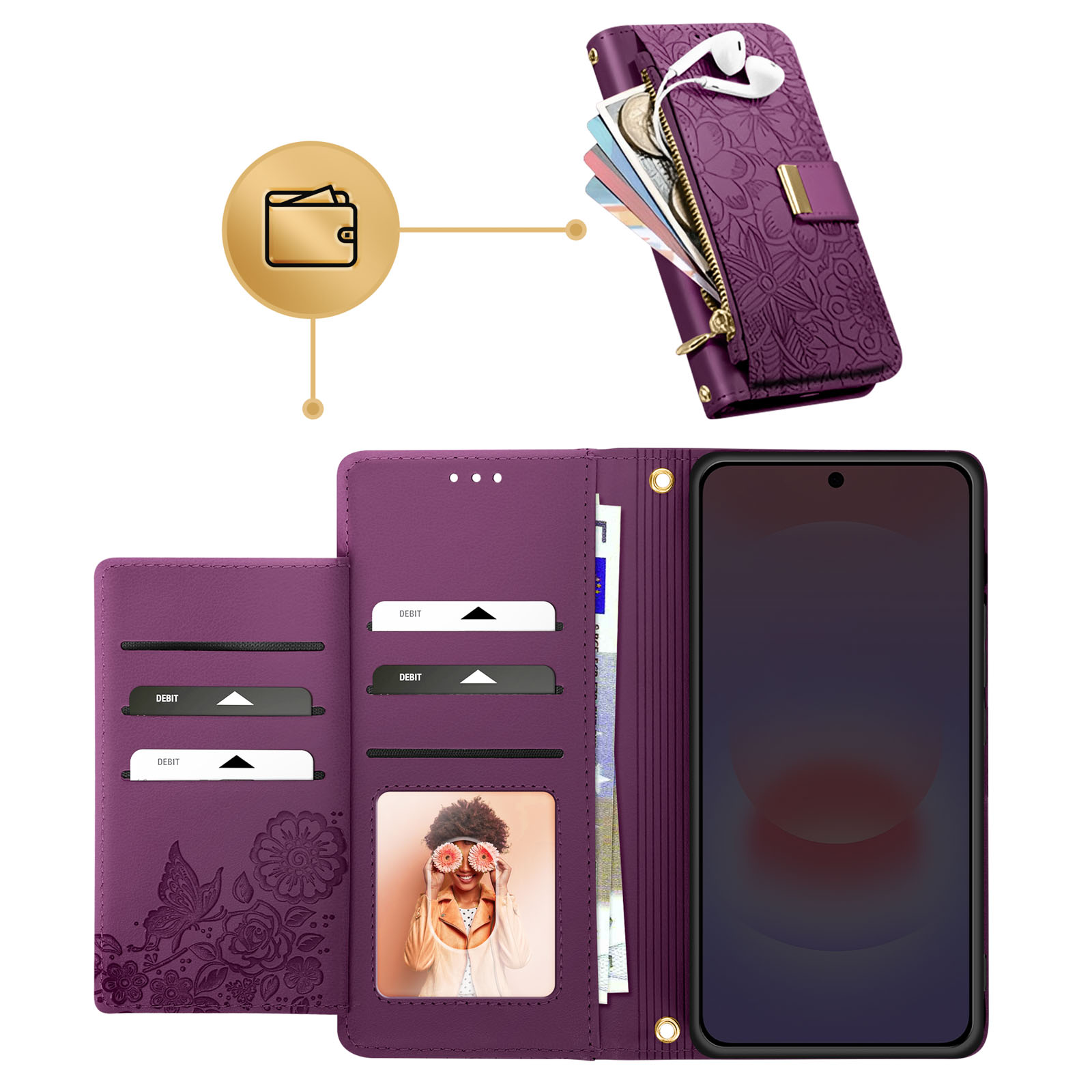 Custodia viola per telefono con slot per carte, cerniera e foto di donna.