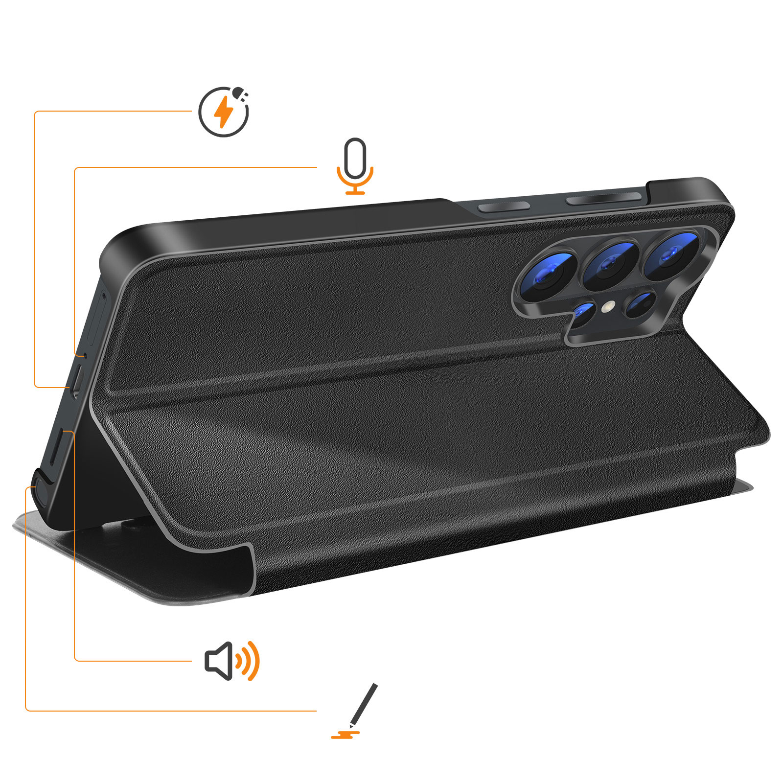 Schwarzes Handy mit offenem Klappcover. Kamera und Ladeanschluss sind sichtbar.