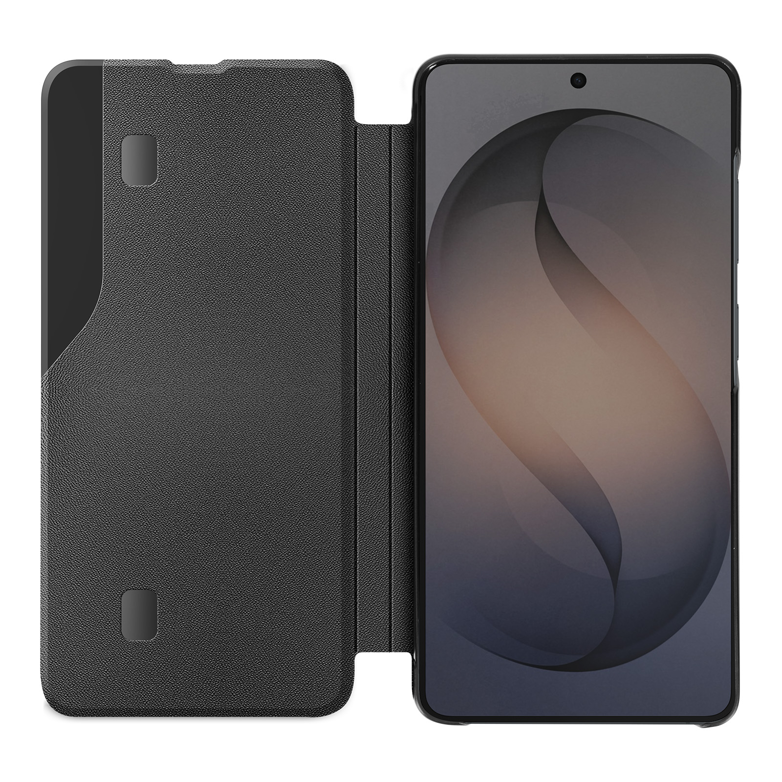 Ein schwarzes Smartphone mit geöffneter Hülle, das auf einem weißen Hintergrund liegt.