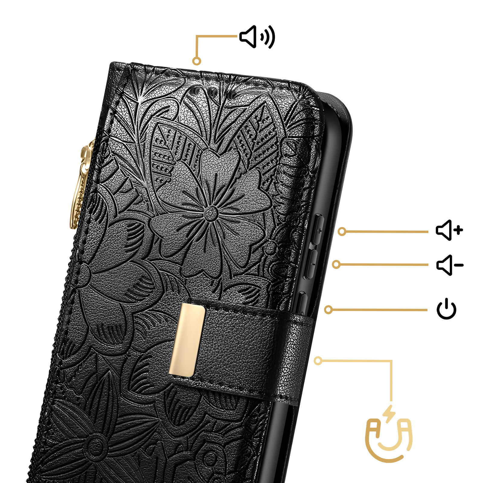 Custodia per telefono nera con rilievo floreale, cerniera dorata e chiusura magnetica.
