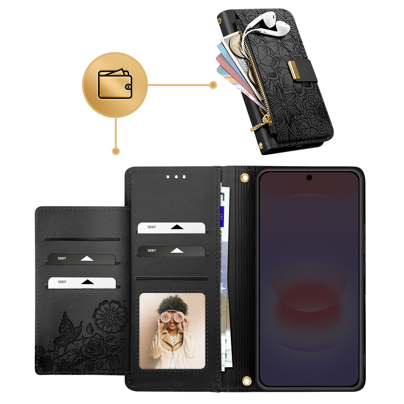 Portafoglio nero con porta telefono, slot per carte, foto e auricolari.