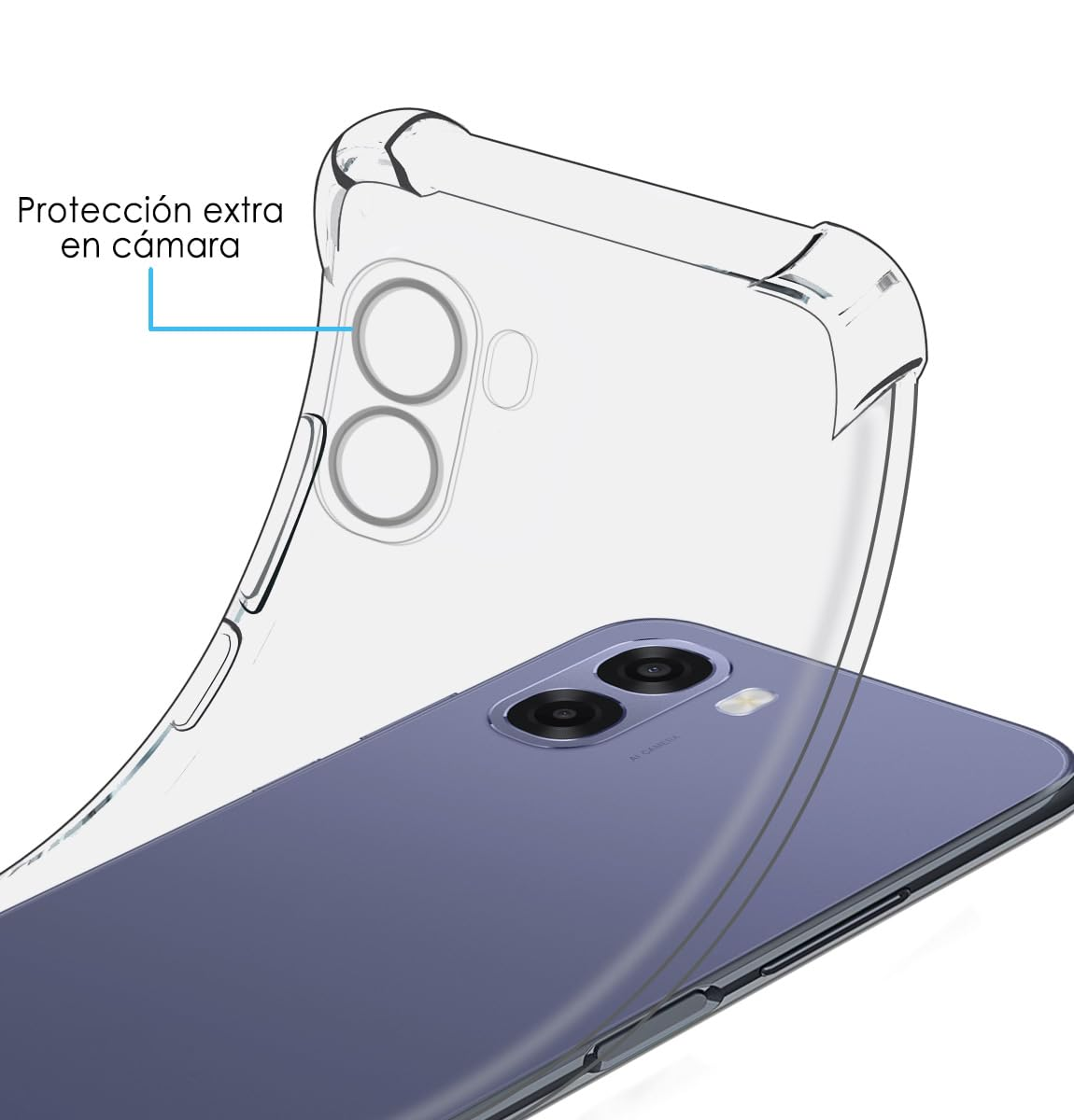 Funda transparente protege la cámara y el smartphone morado.