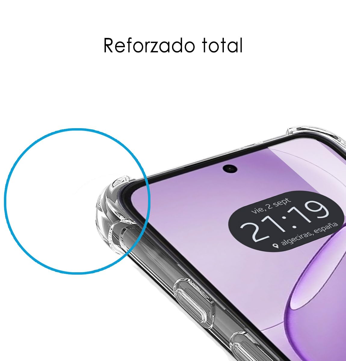 Funda transparente muestra smartphone con fondo morado y hora.