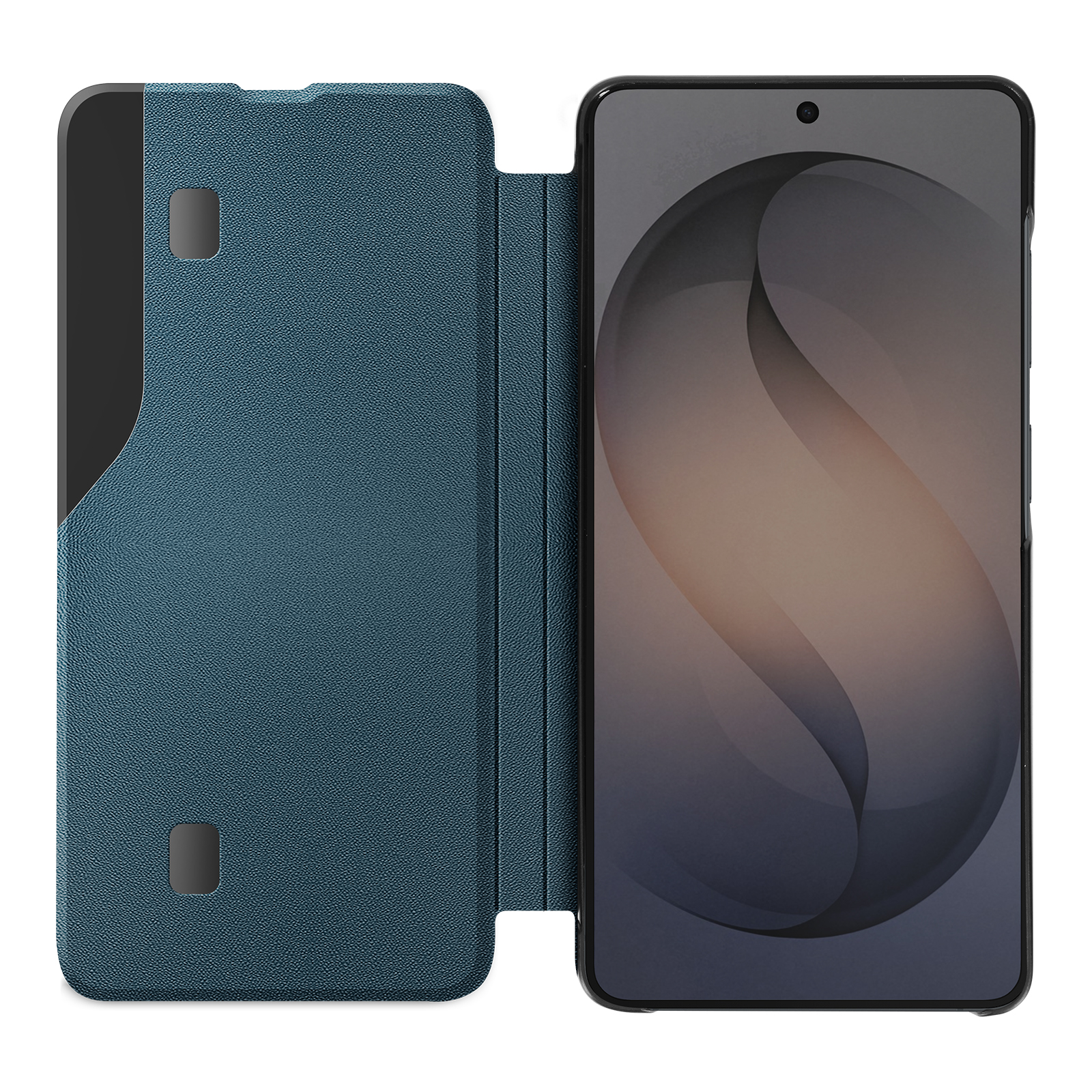 Ein blaues Handycover mit einer Klappe liegt neben einem Smartphone.