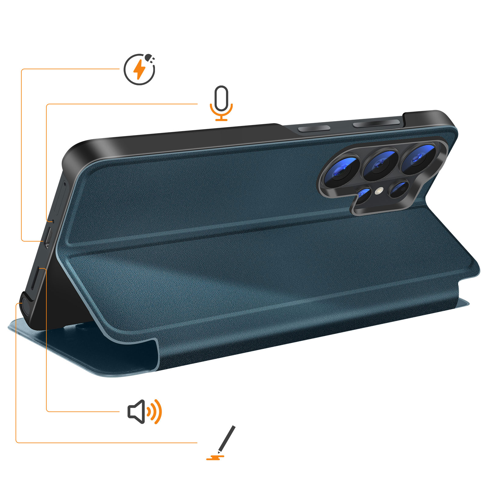 Dunkelblaues Handycover mit Kameraschutz und Symbolen für Laden, Mikrofon und Lautsprecher.