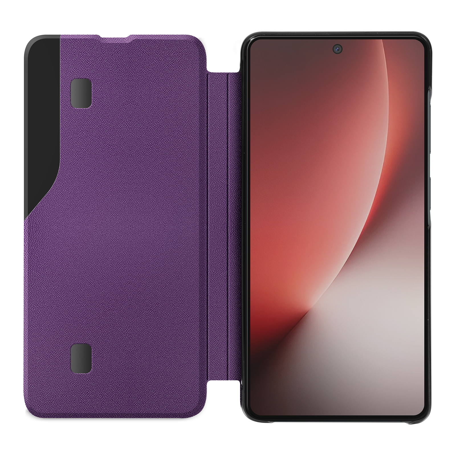 Lila Handyhülle mit einer schwarzen Einlage und einem Smartphone mit rotem Hintergrund.
