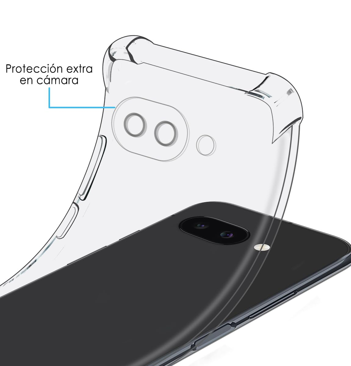Funda transparente sobre un smartphone negro con doble cámara.