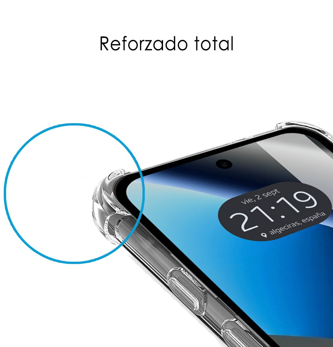 Una funda transparente protege la esquina de un smartphone con pantalla azul.