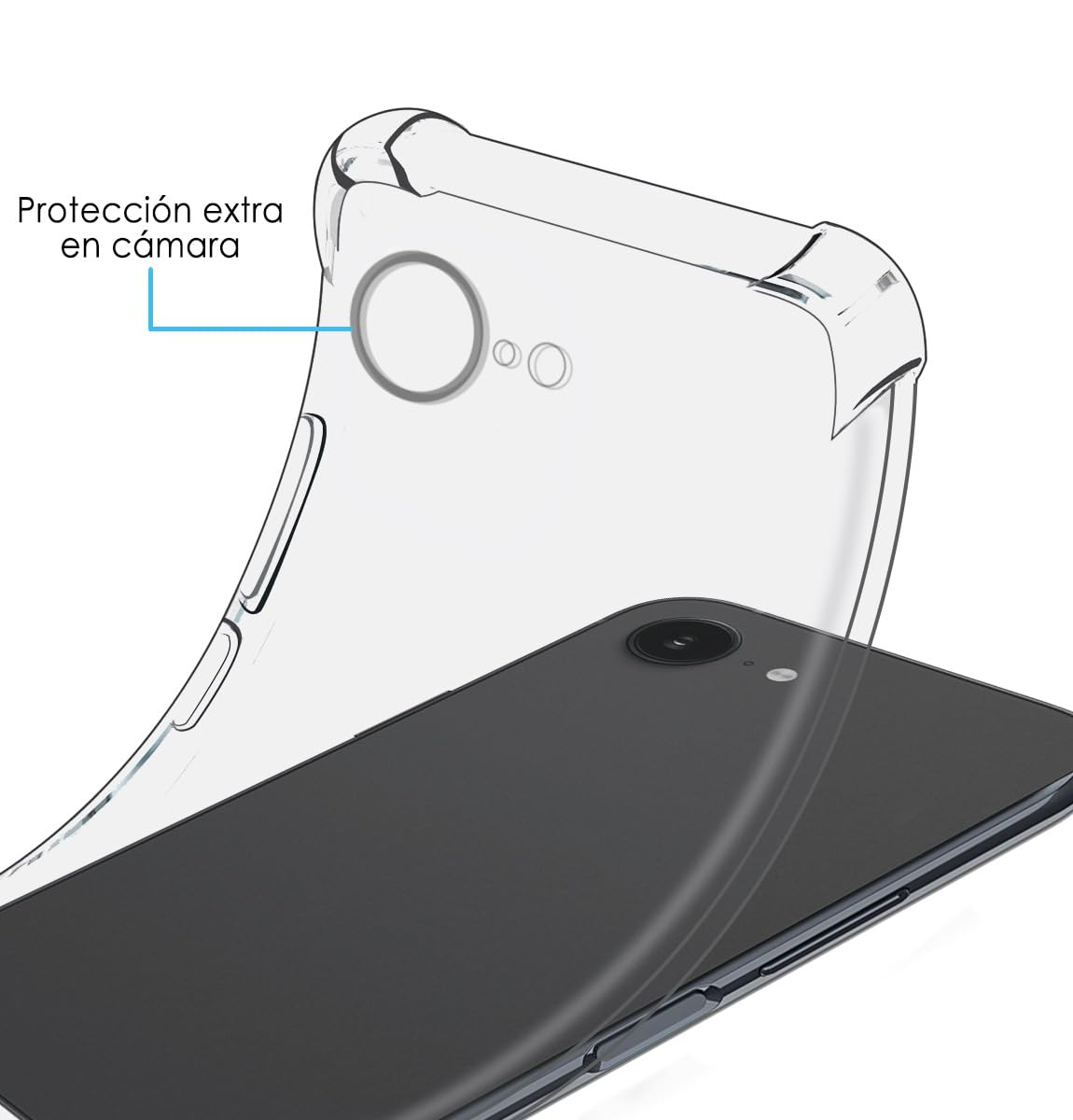 Funda transparente protege lente de cámara. Teléfono negro visible.