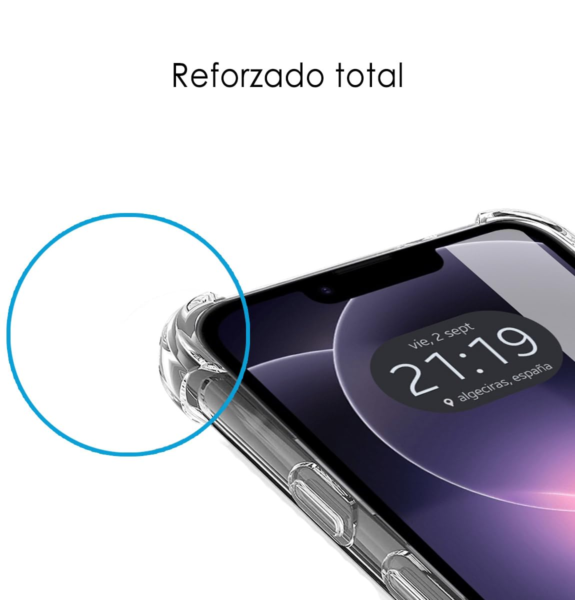 Funda transparente para móvil muestra un smartphone con hora y fecha.