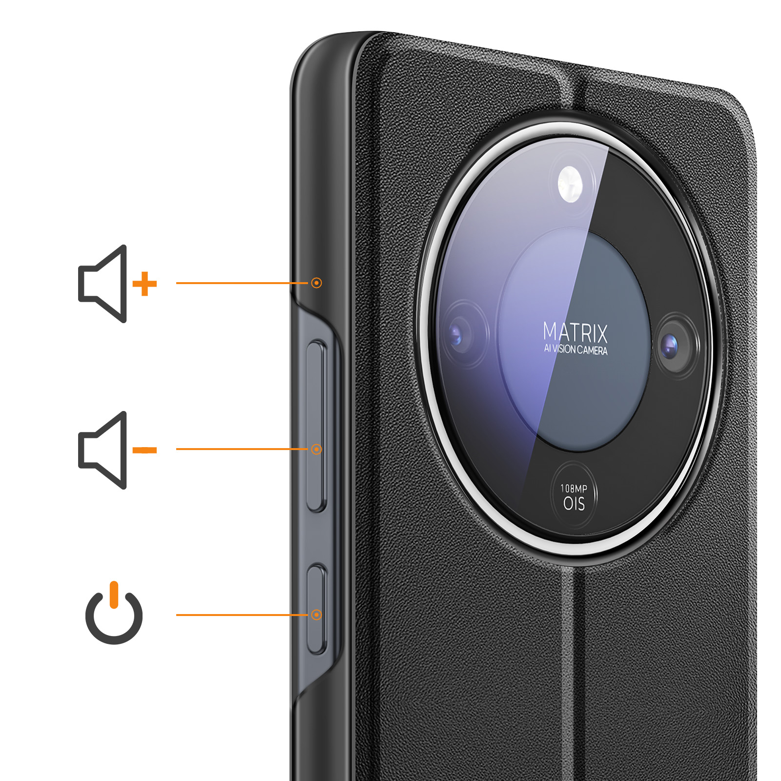 Nahaufnahme eines schwarzen Handy-Covers mit Kamera und Tasten.