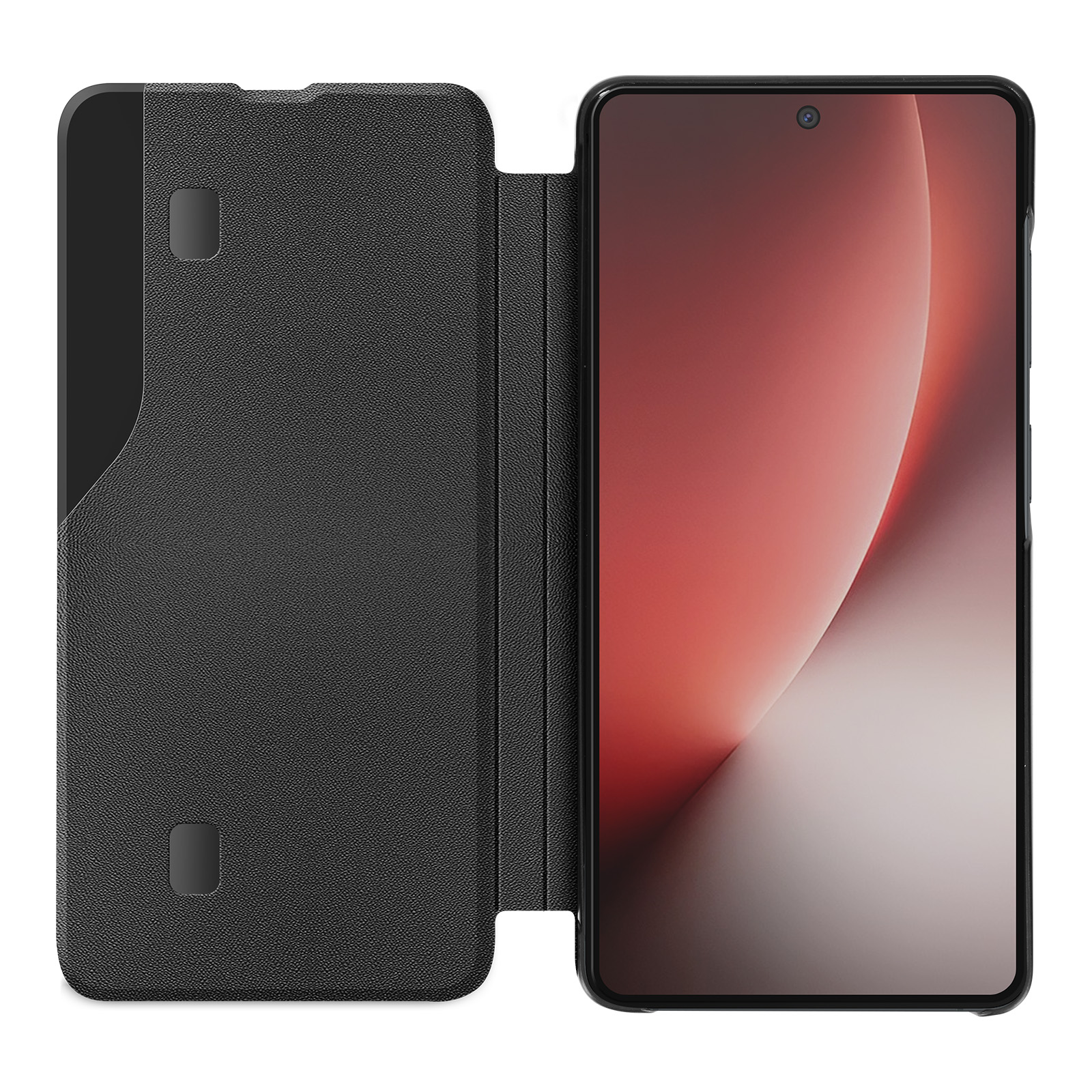 Schwarze Handyhülle mit aufklappbarem Deckel, das Smartphone ist sichtbar.