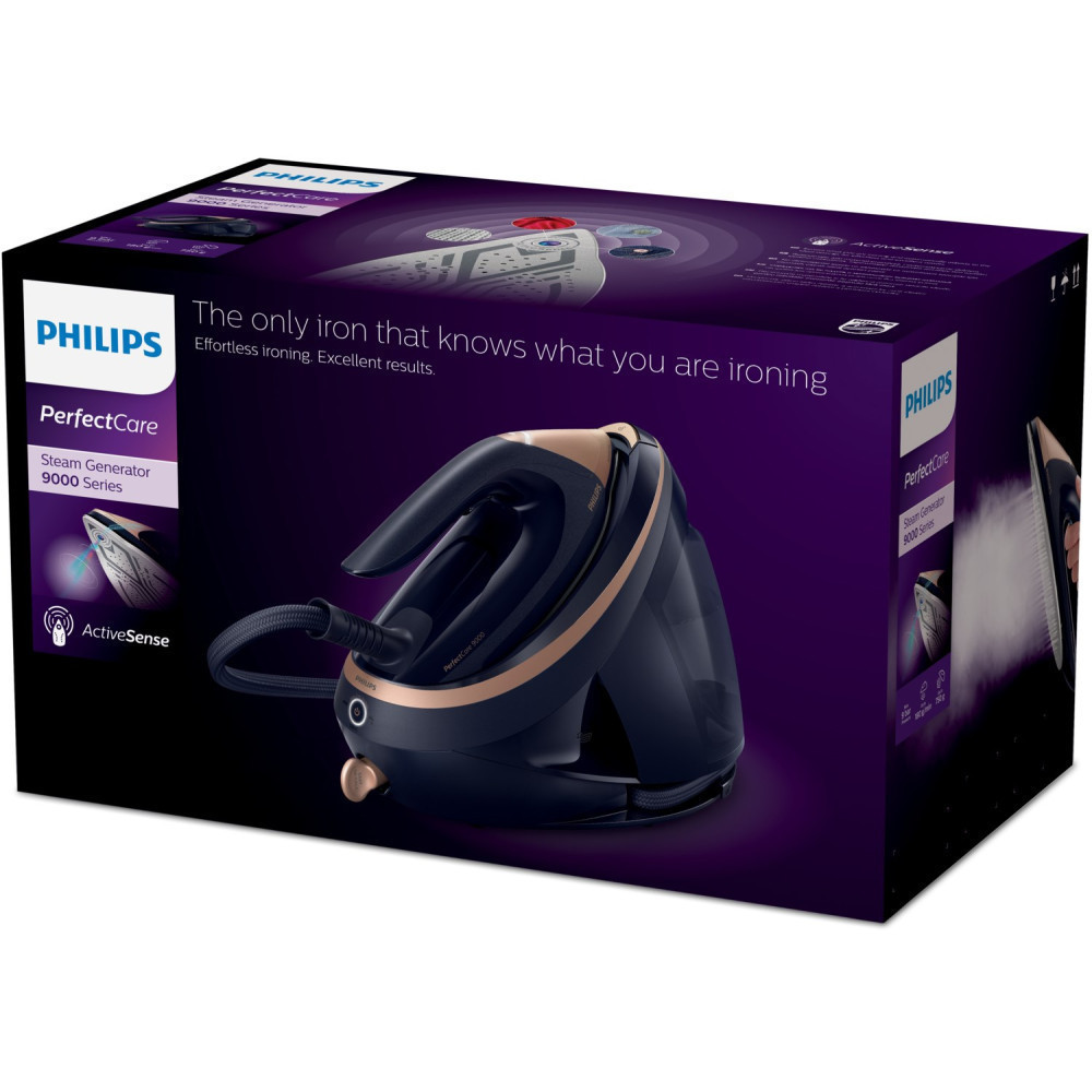 Scatola di un ferro da stiro a vapore Philips PerfectCare blu scuro con accenti color rame.