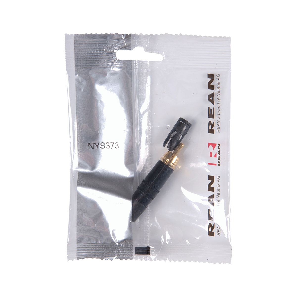 Un connettore nero e oro in una confezione trasparente con logo REAN.