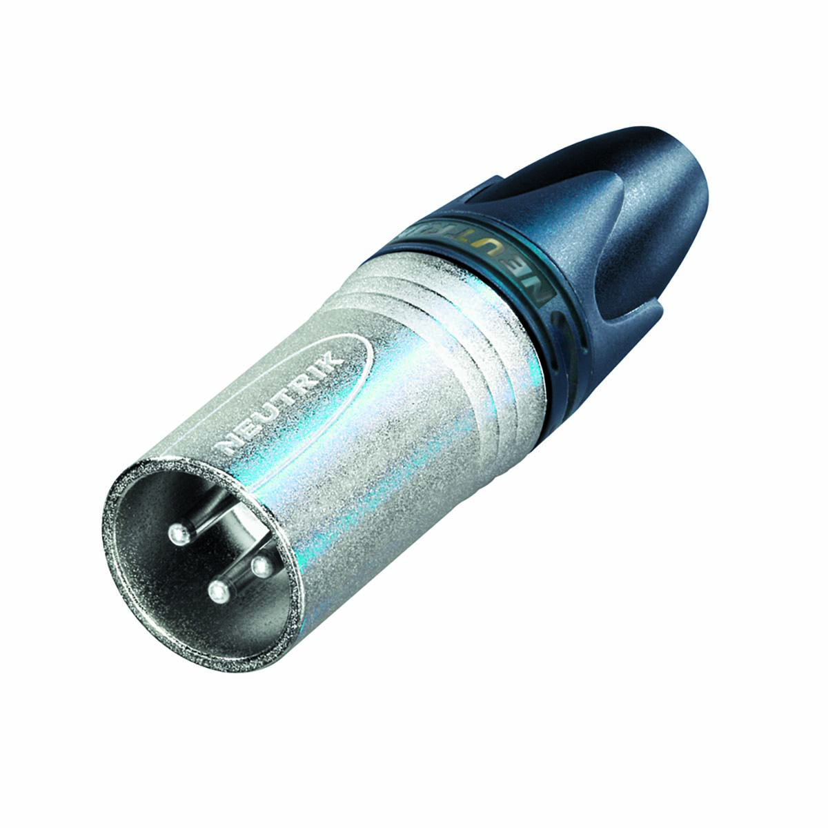 Connettore XLR argentato con manico nero e tre pin.