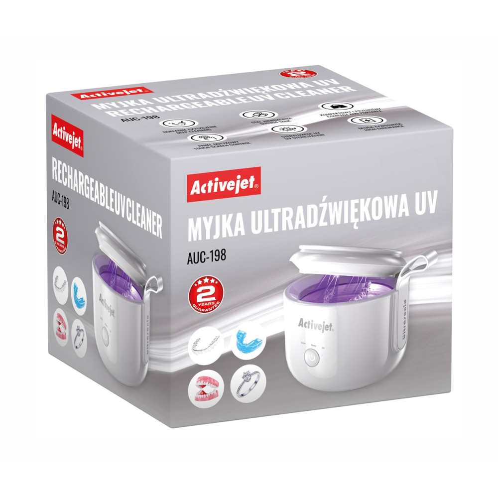 Opakowanie białej myjki ultradźwiękowej z lampą UV, AUC-198.