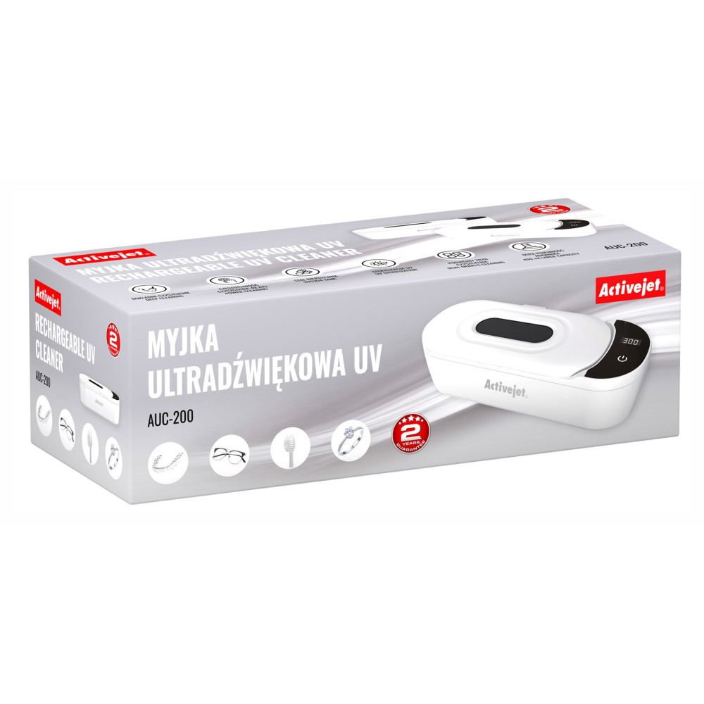 Opakowanie białej myjki ultradźwiękowej z lampą UV i akcesoriami.