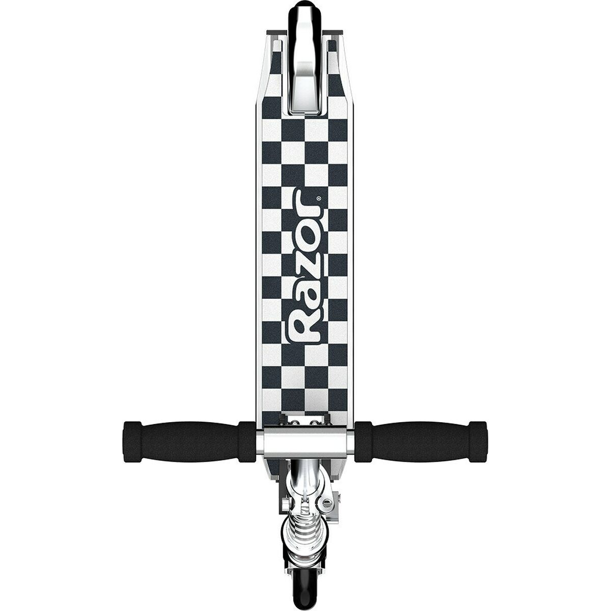 Hulajnoga z czarno-białym pokładem w kratkę i logo 'Razor'.