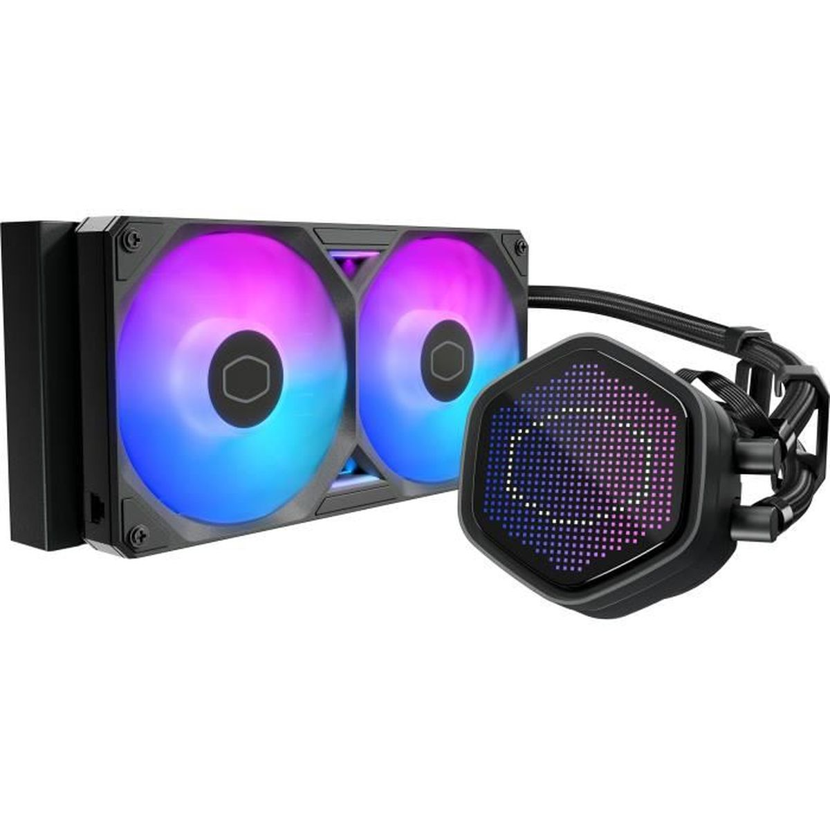 Un dissipatore per CPU con due ventole RGB e una pompa dell'acqua esagonale.