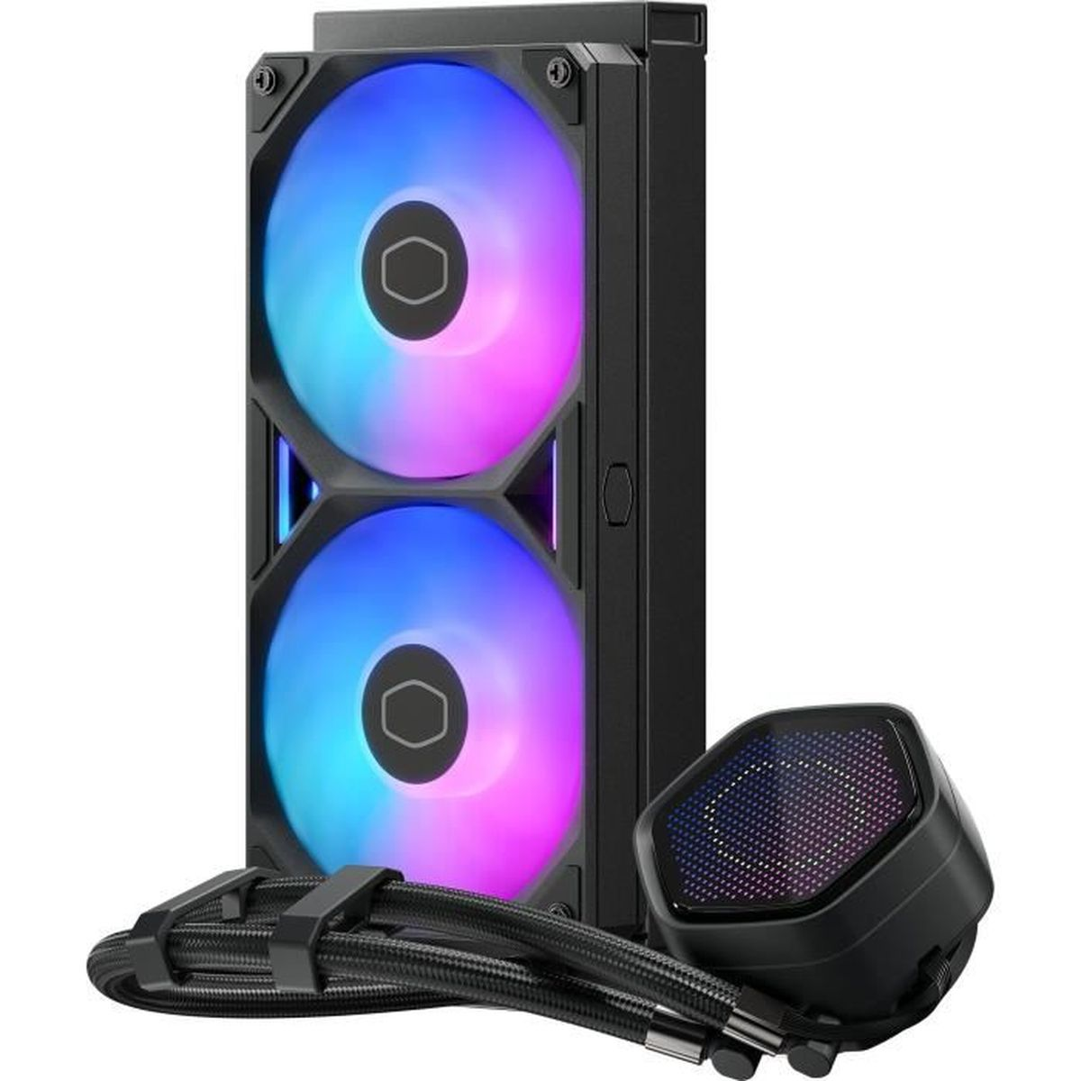 Un dissipatore per CPU nero con due ventole RGB e un alloggiamento della pompa separato.
