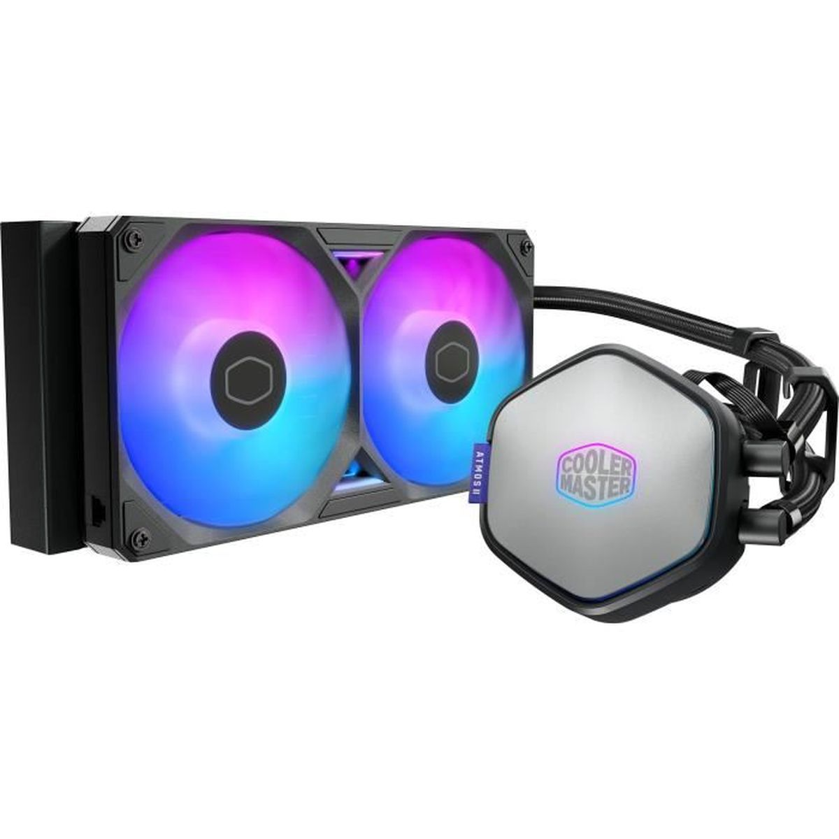 Dissipatore AIO Cooler Master con due ventole RGB e pompa argentata.