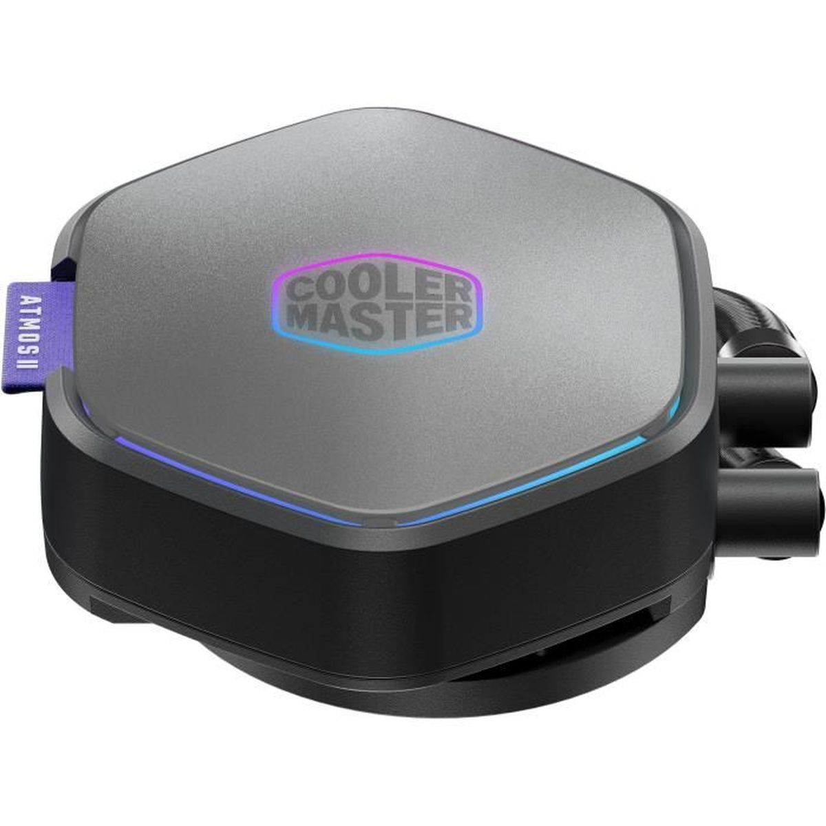 Una ventola PC grigia con logo Cooler Master e illuminazione blu.