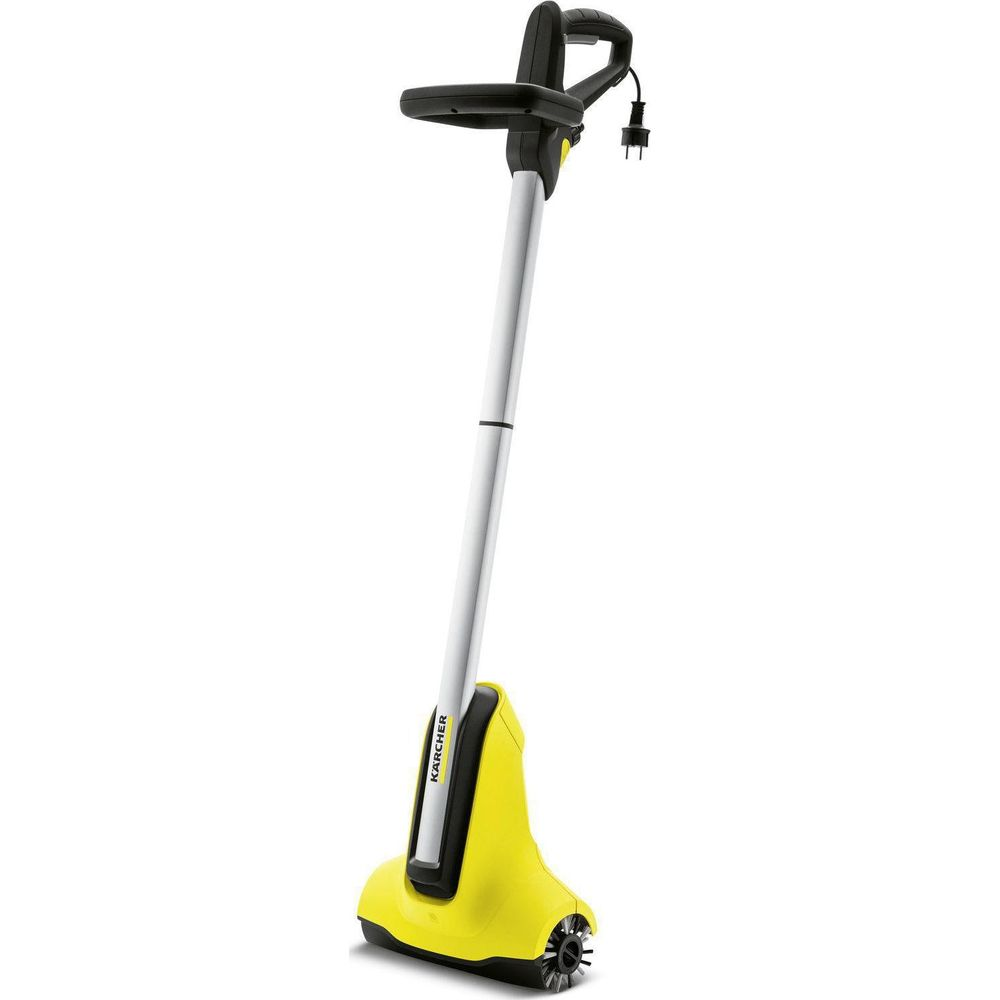 Ein gelber Karcher Elektrobesen mit schwarzem Griff und Stecker ist abgebildet.