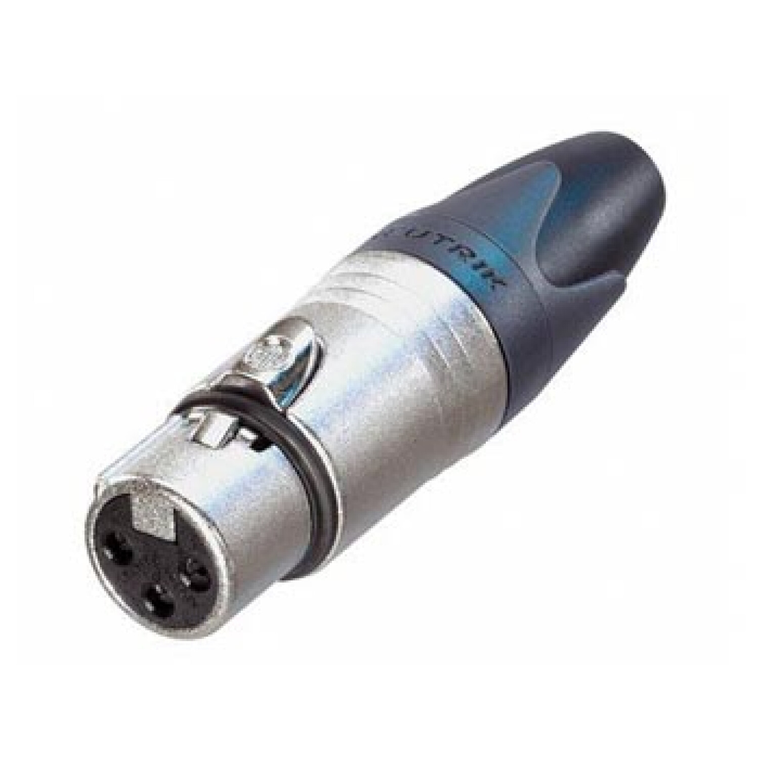 Connettore XLR argentato con impugnatura nera e tre pin.