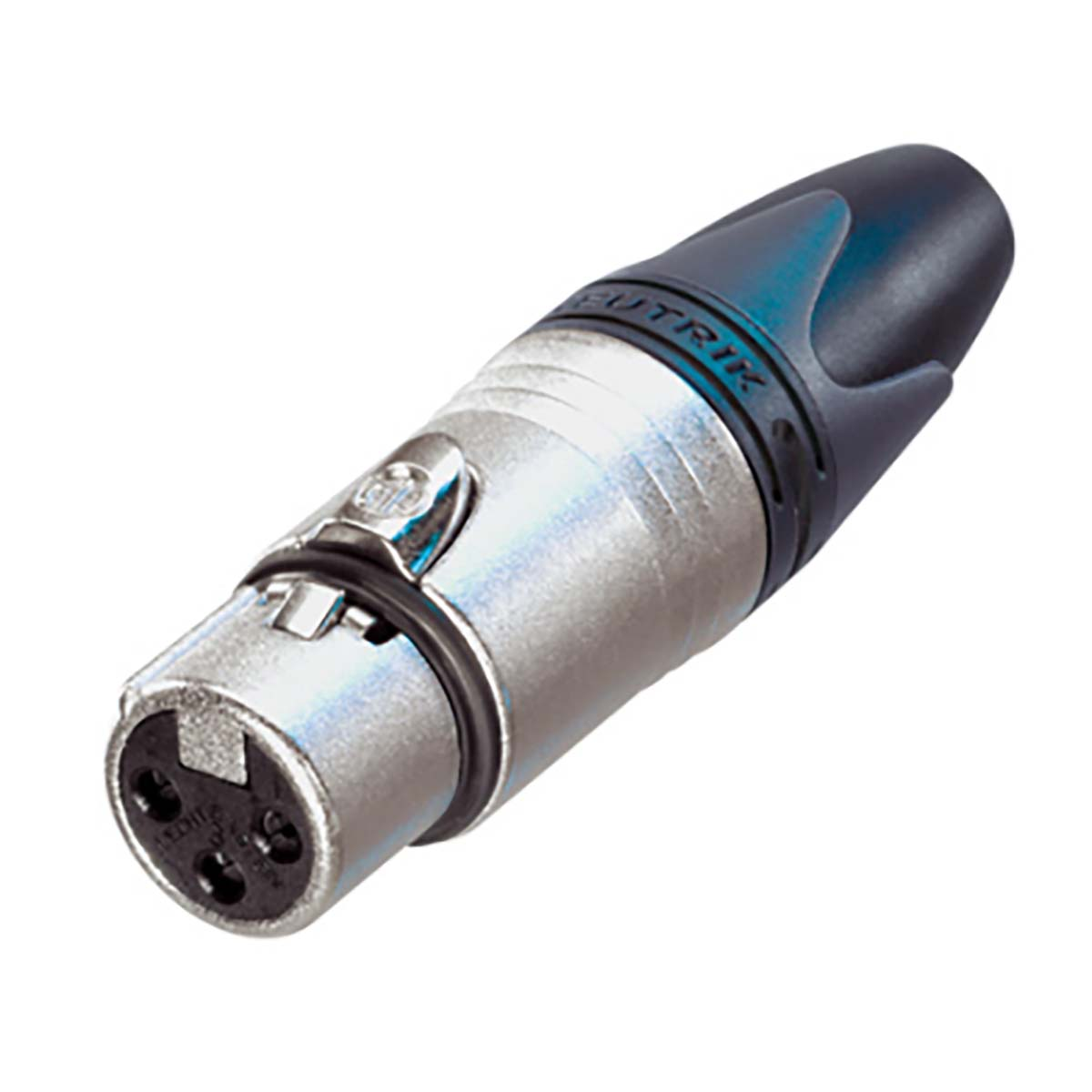 Connettore XLR argentato con impugnatura nera e tre pin.