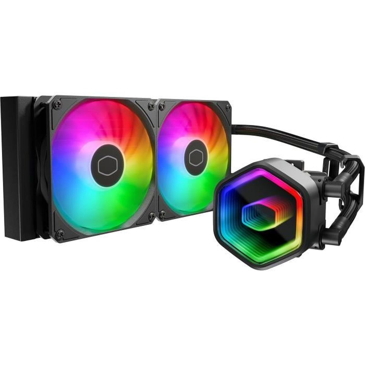 A CPU cooler with two RGB fans and a hexagonal pump housing with RGB lighting.