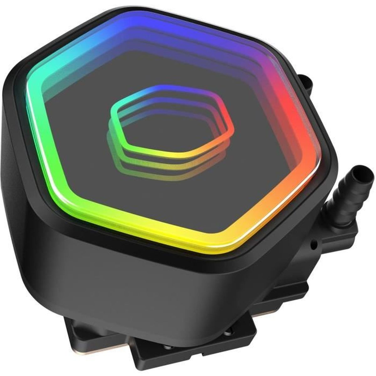 A black CPU cooler with a hexagonal design and RGB lighting.