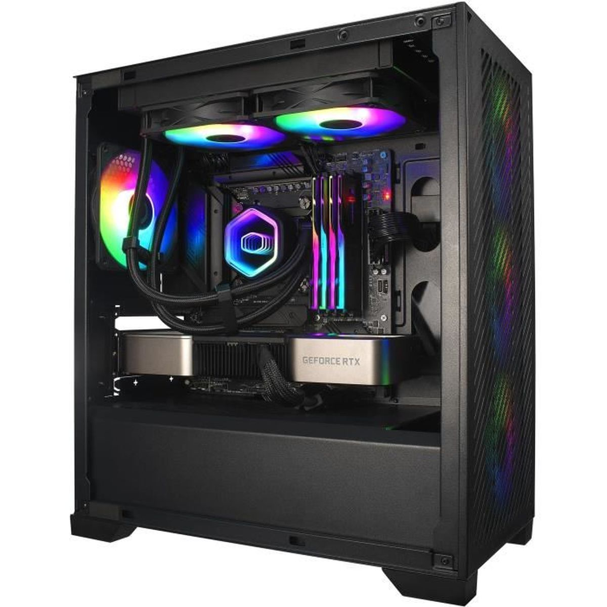 An open black PC with RGB lighting on fans, RAM, and CPU cooler.