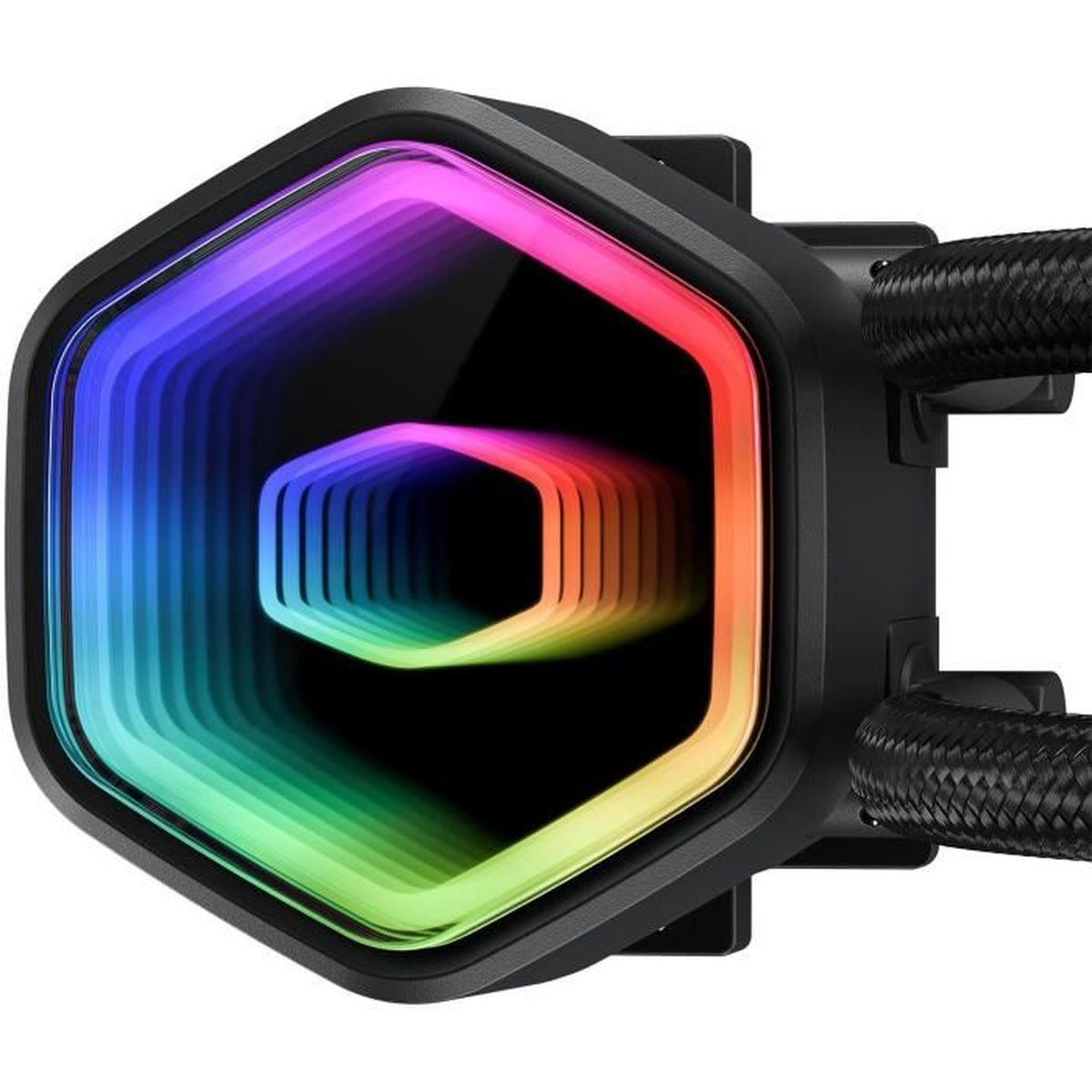 A hexagonal fan with RGB lighting and black hoses.