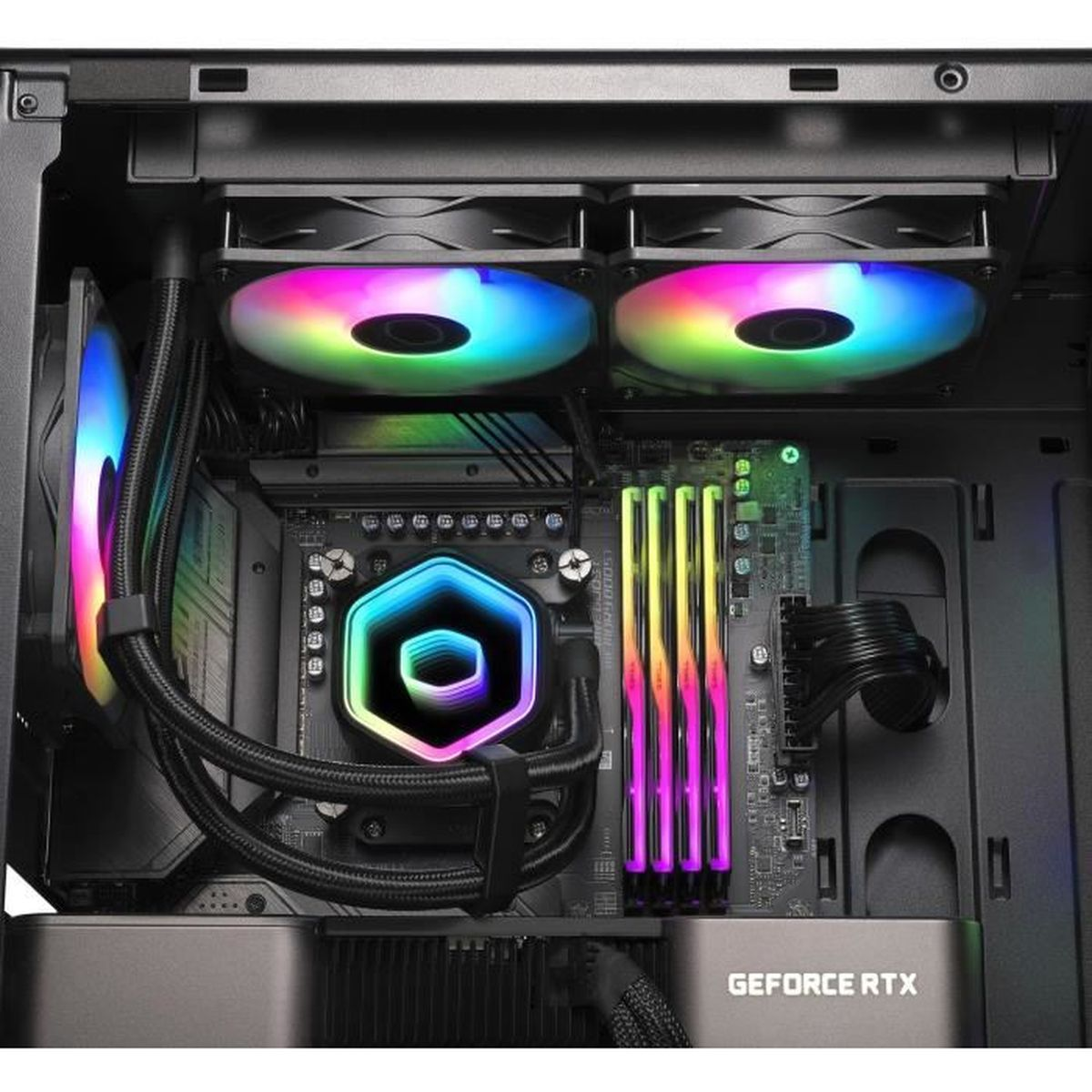A PC case with RGB fans, CPU cooler, RAM, and a GeForce RTX graphics card.