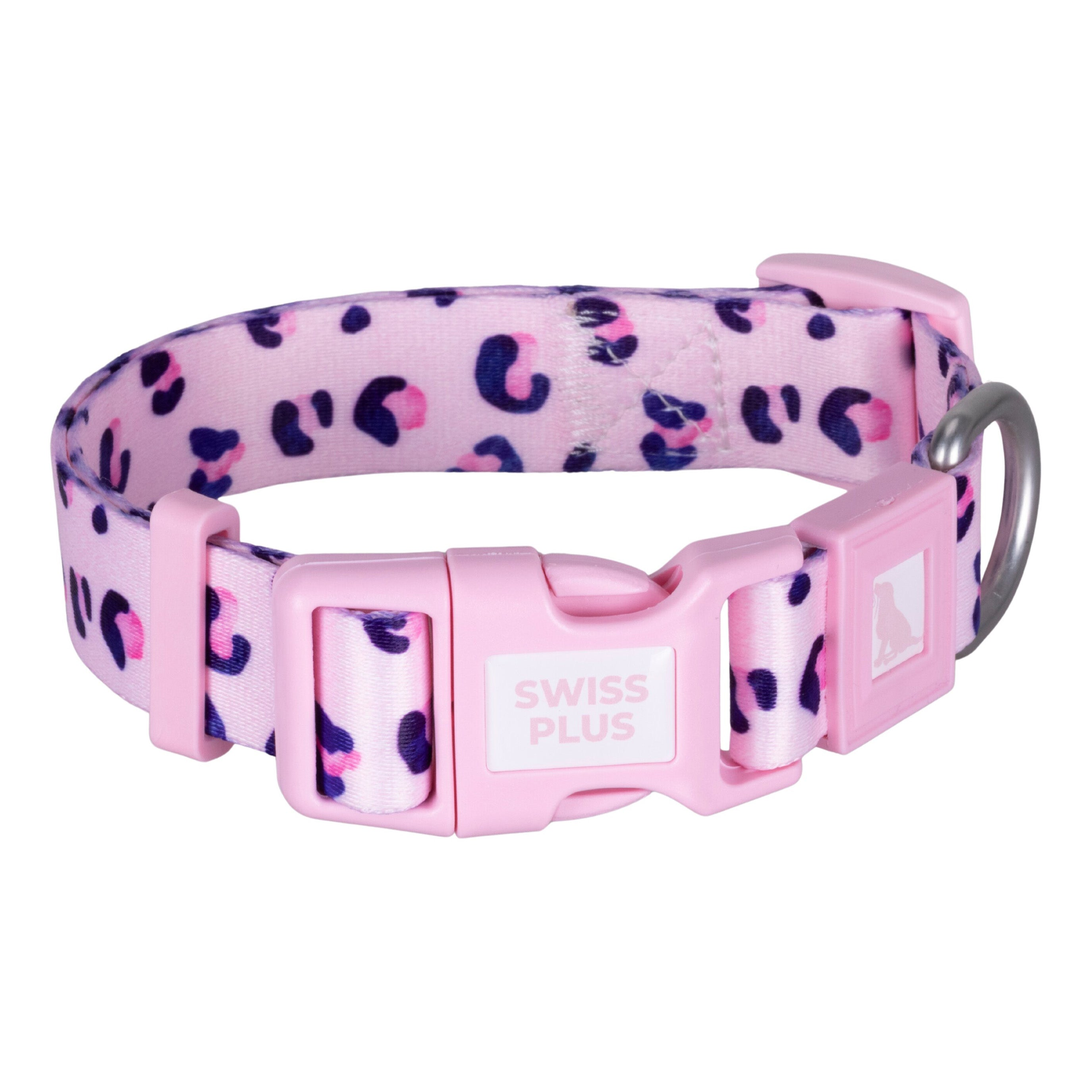 Pembe, leopar desenli ve pembe tokali bir köpek tasması.