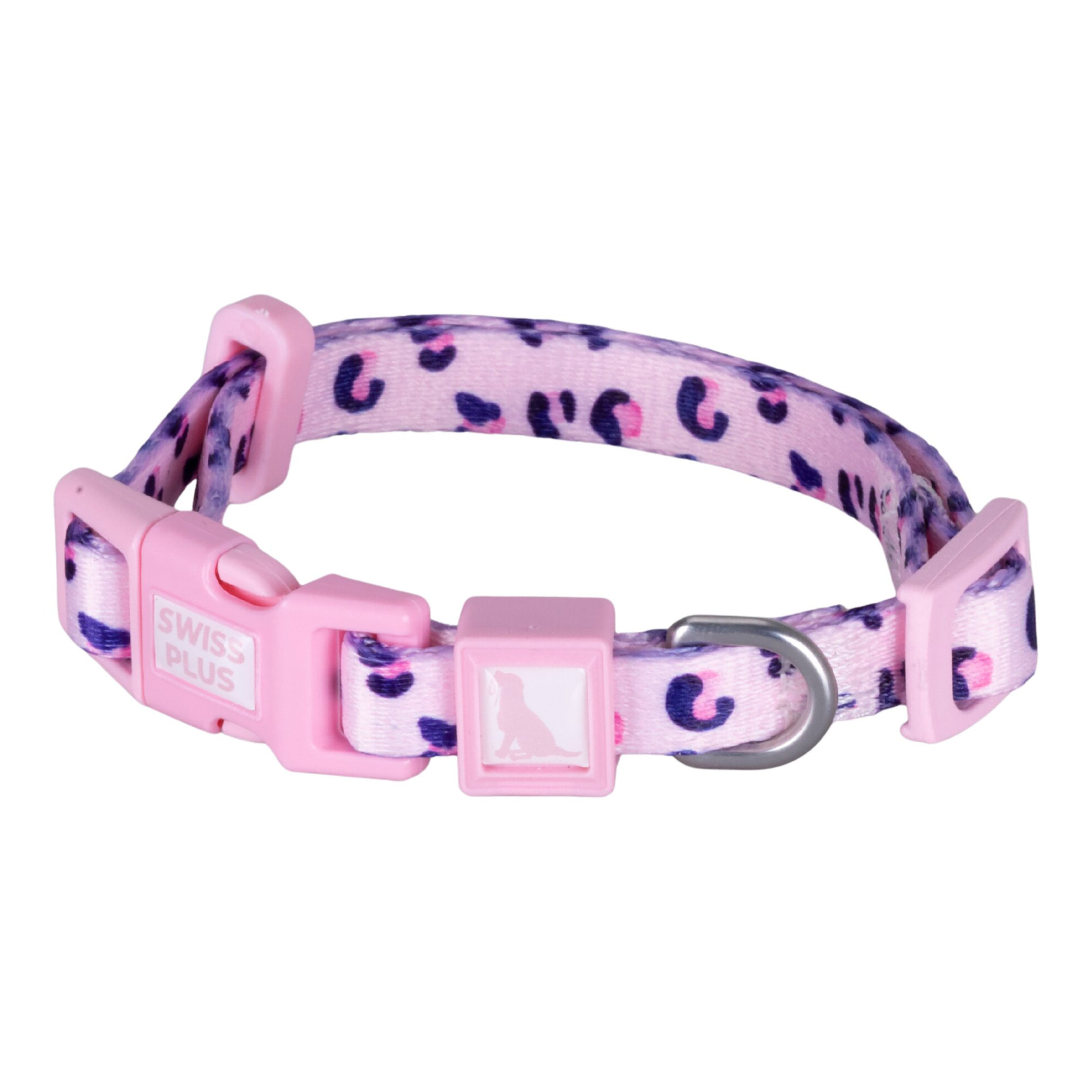 Leopar desenli pembe köpek tasması ve tokası.