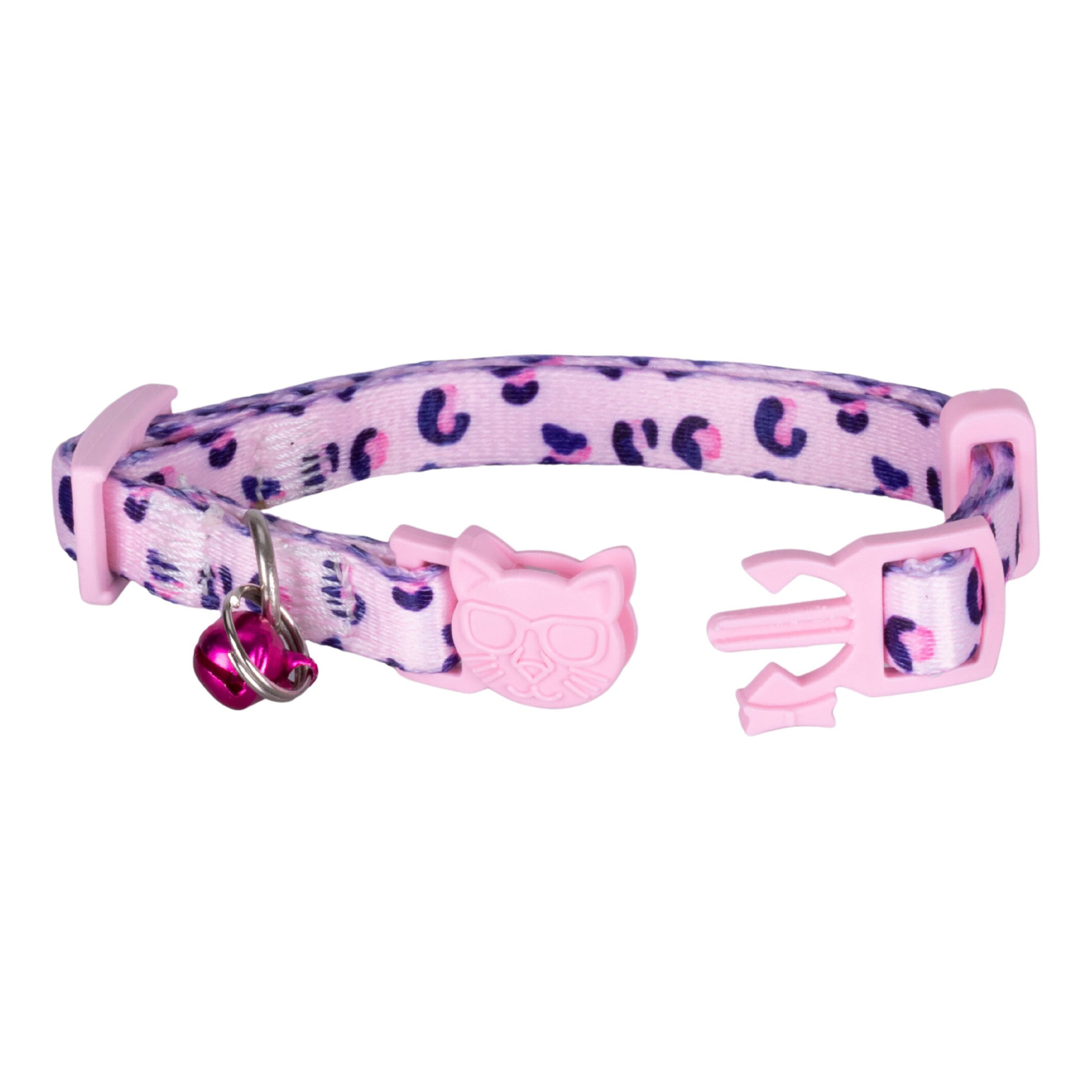 Pembe kedi tasması, leopar desenli ve pembe kedi yüzlü tokalıdır.