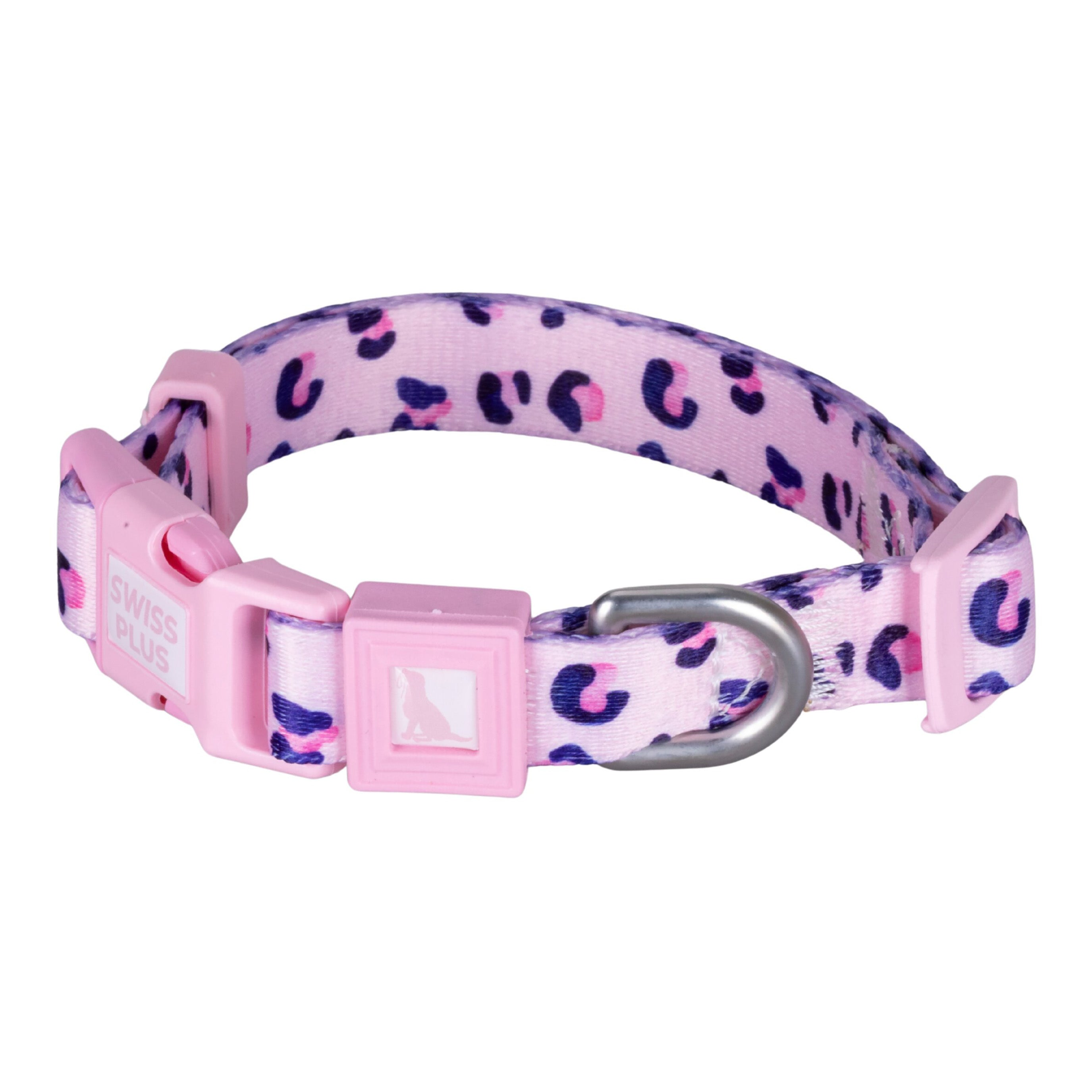 Gümüş tokalı, leopar desenli pembe köpek tasması.