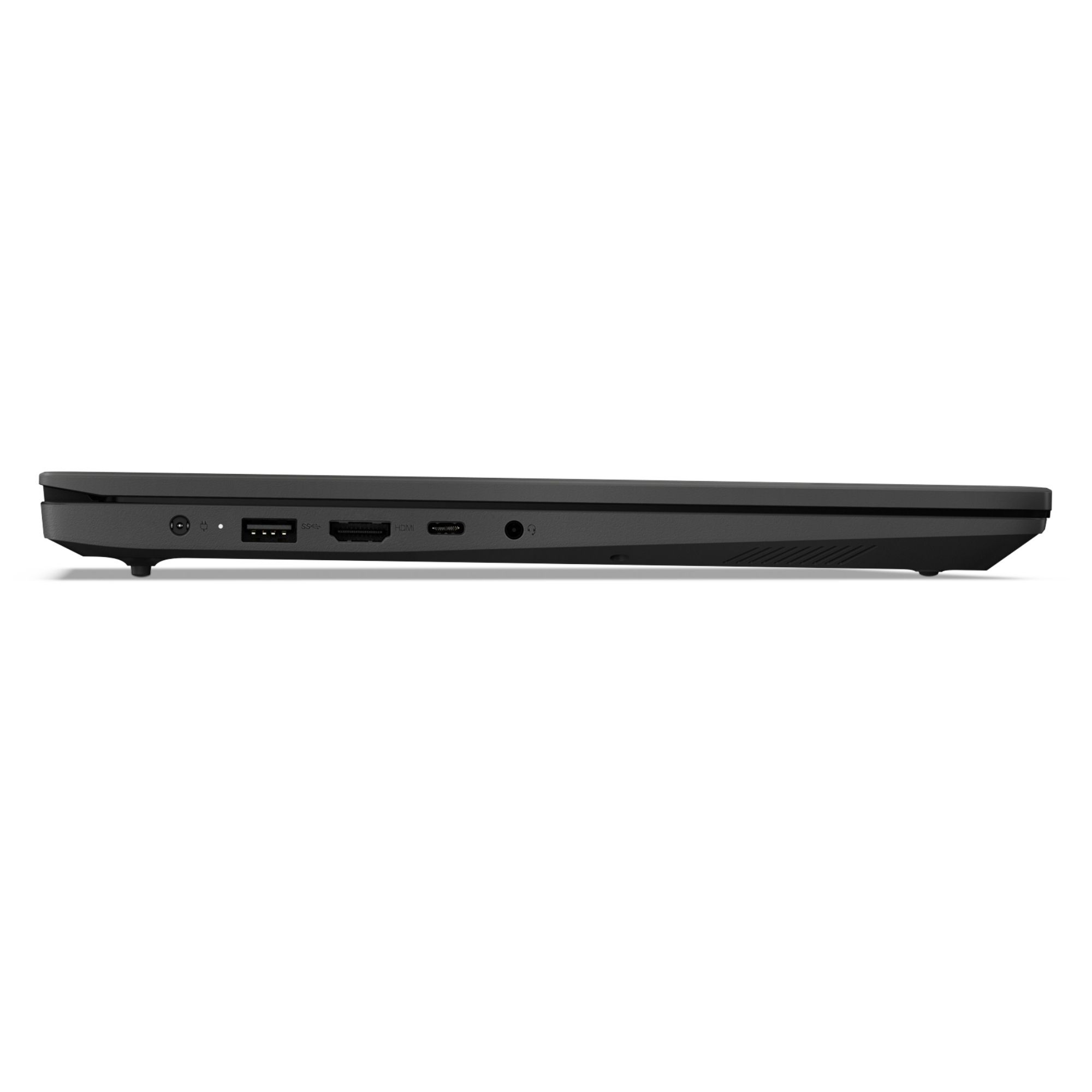 Güç, USB, HDMI, USB-C, kulaklık bağlantı noktalarını gösteren siyah dizüstü bilgisayarın yan görünümü.
