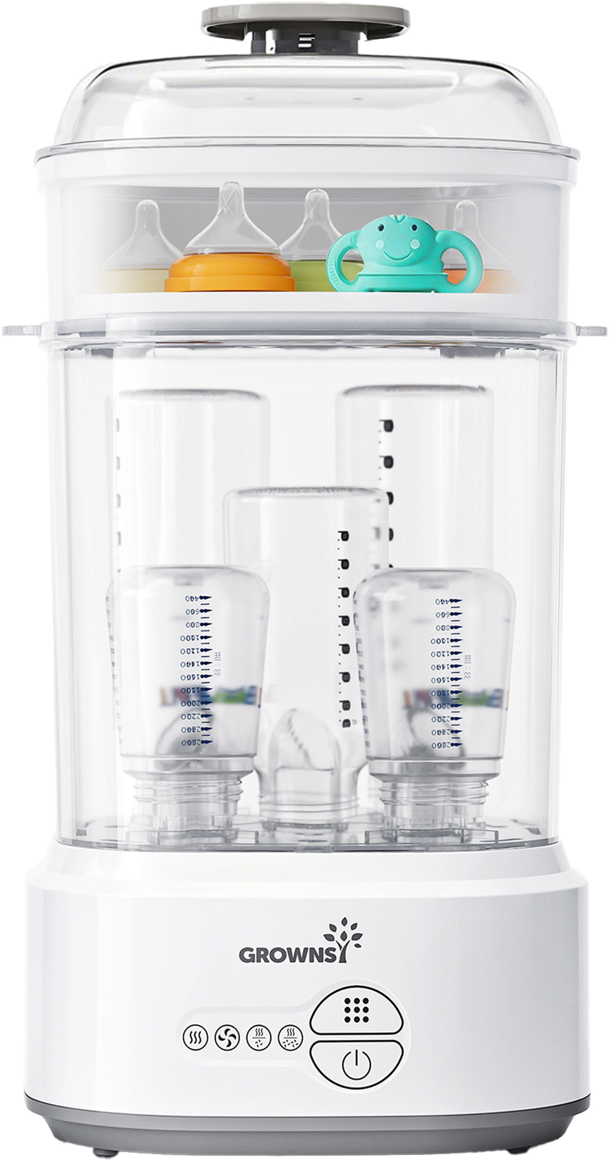 Biały sterylizator do butelek z przezroczystą pokrywą, wewnątrz butelki i turkusowa zabawka żaba na górze.