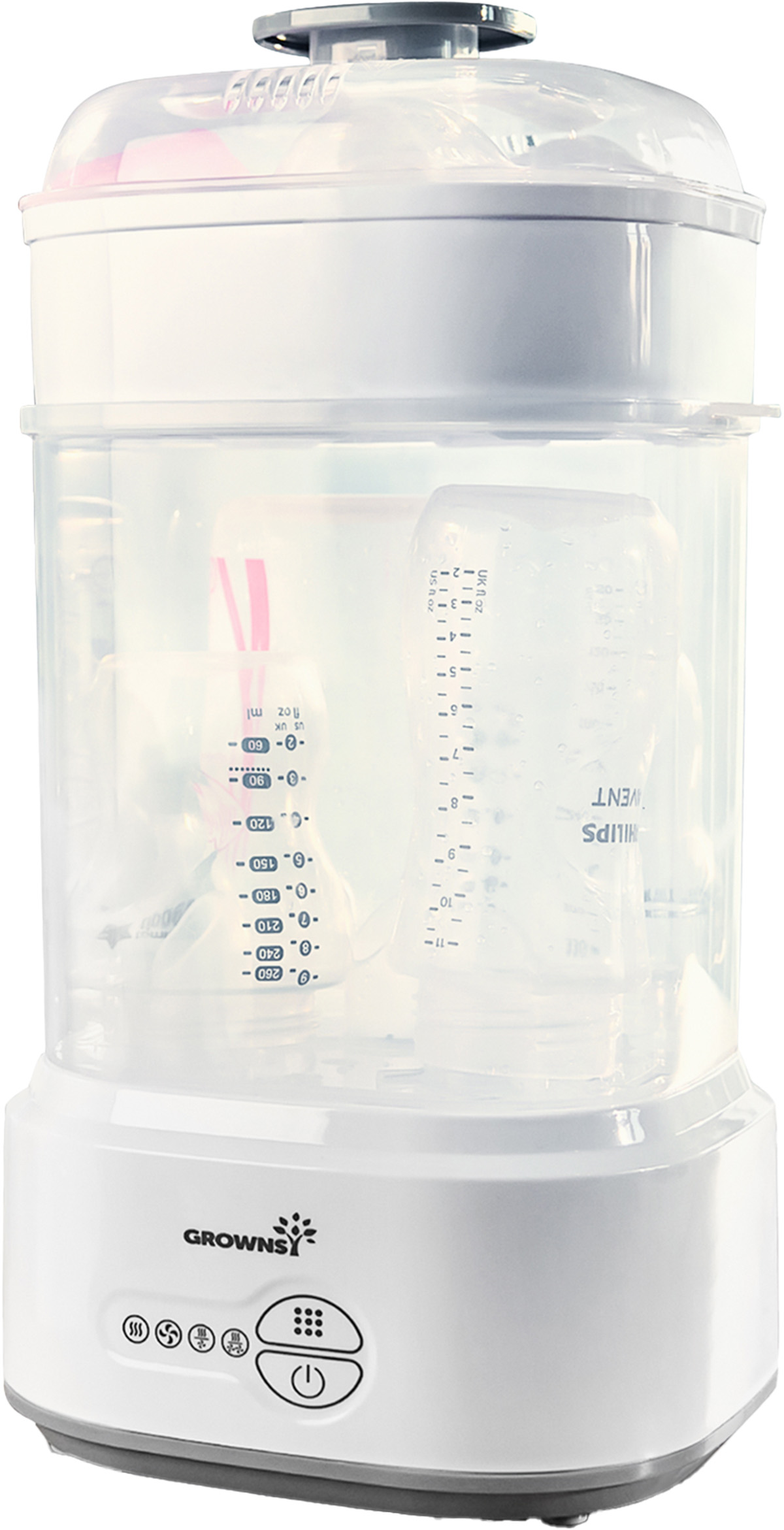 Biały sterylizator do butelek z przezroczystą komorą zawierającą butelki dla niemowląt.