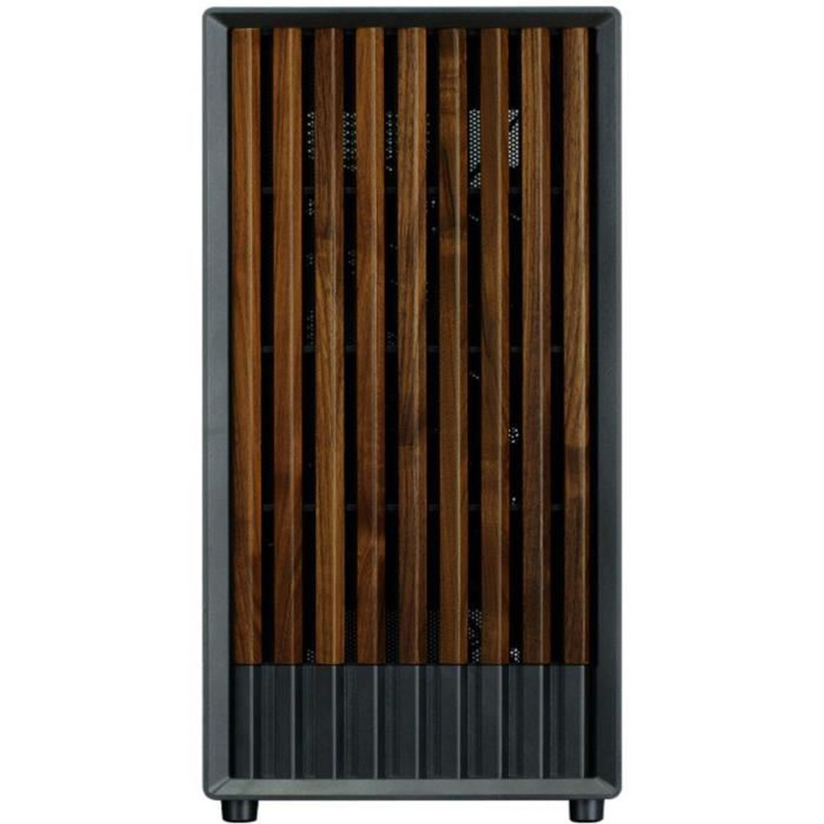 Zwarte computerkast met houten lamellenfront en metalen voet.