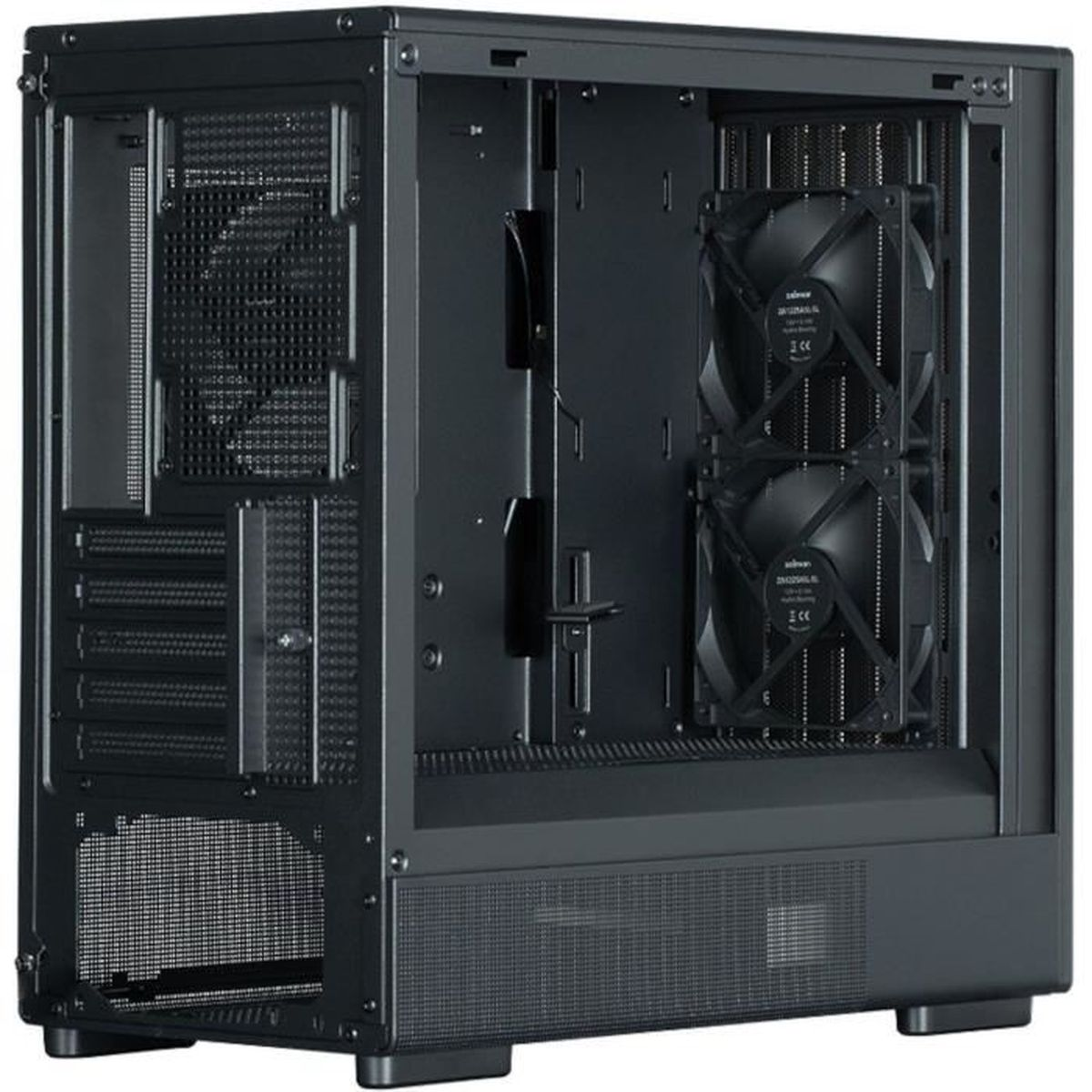 Zwarte computerkast interieur met twee ventilatoren, gaaspanelen en drive bays.