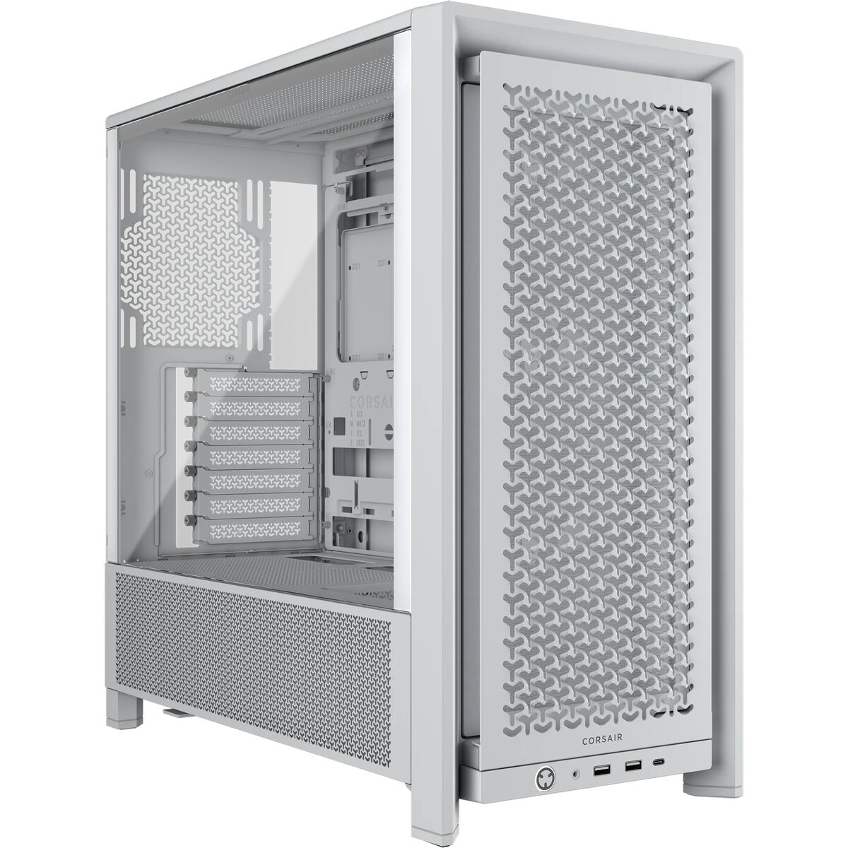 Boîtier d'ordinateur blanc avec façade en verre et grille de ventilation.