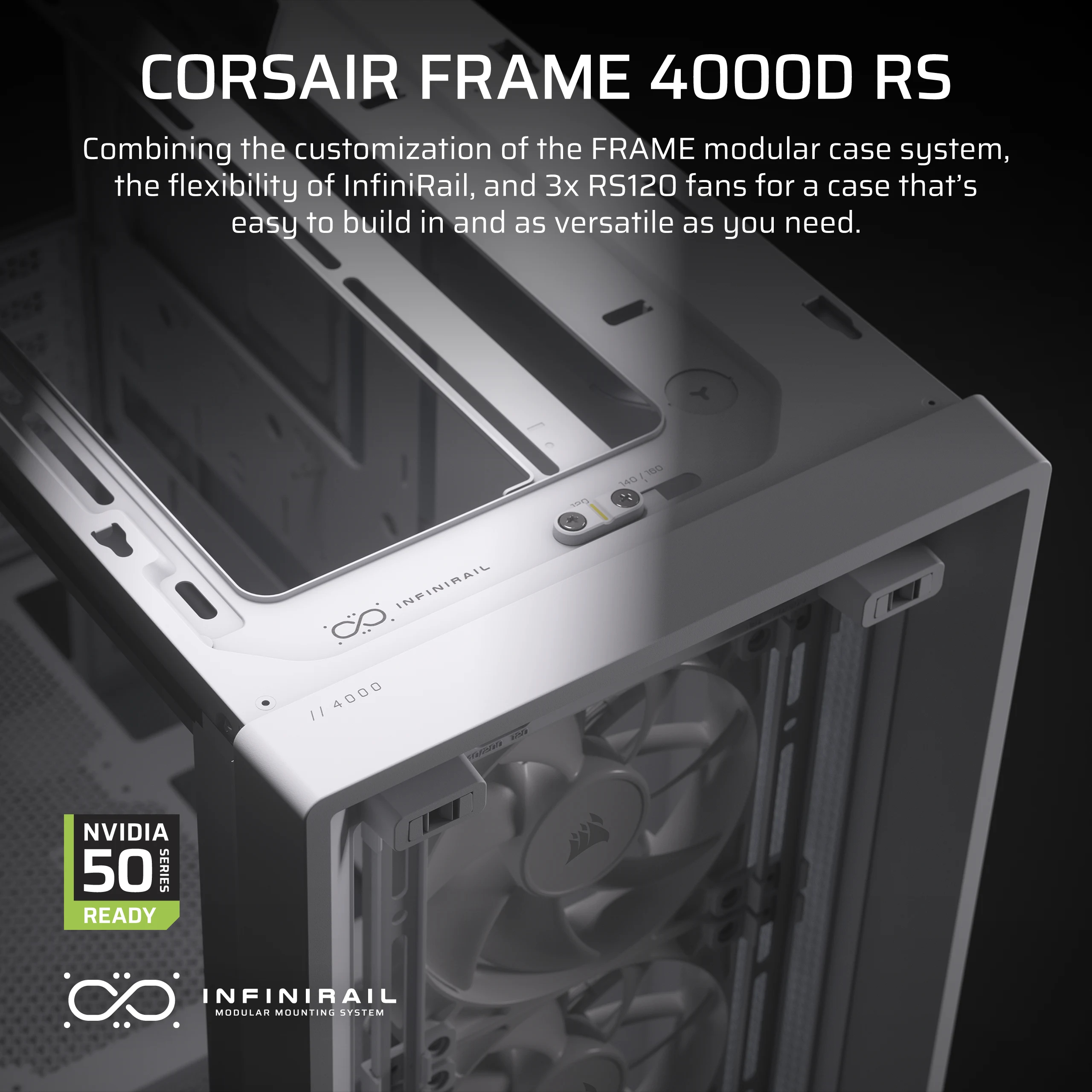 Un boîtier PC blanc avec ventilateurs, logo Corsair et badge 'NVIDIA 50 SERIES READY'.