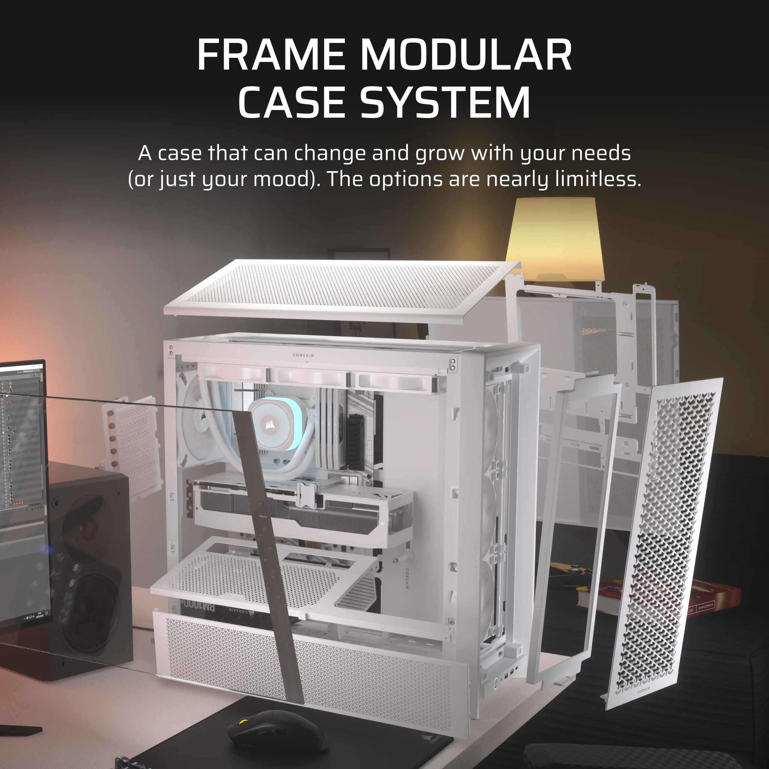 Boîtier d'ordinateur blanc avec composants, bureau et lampe.
