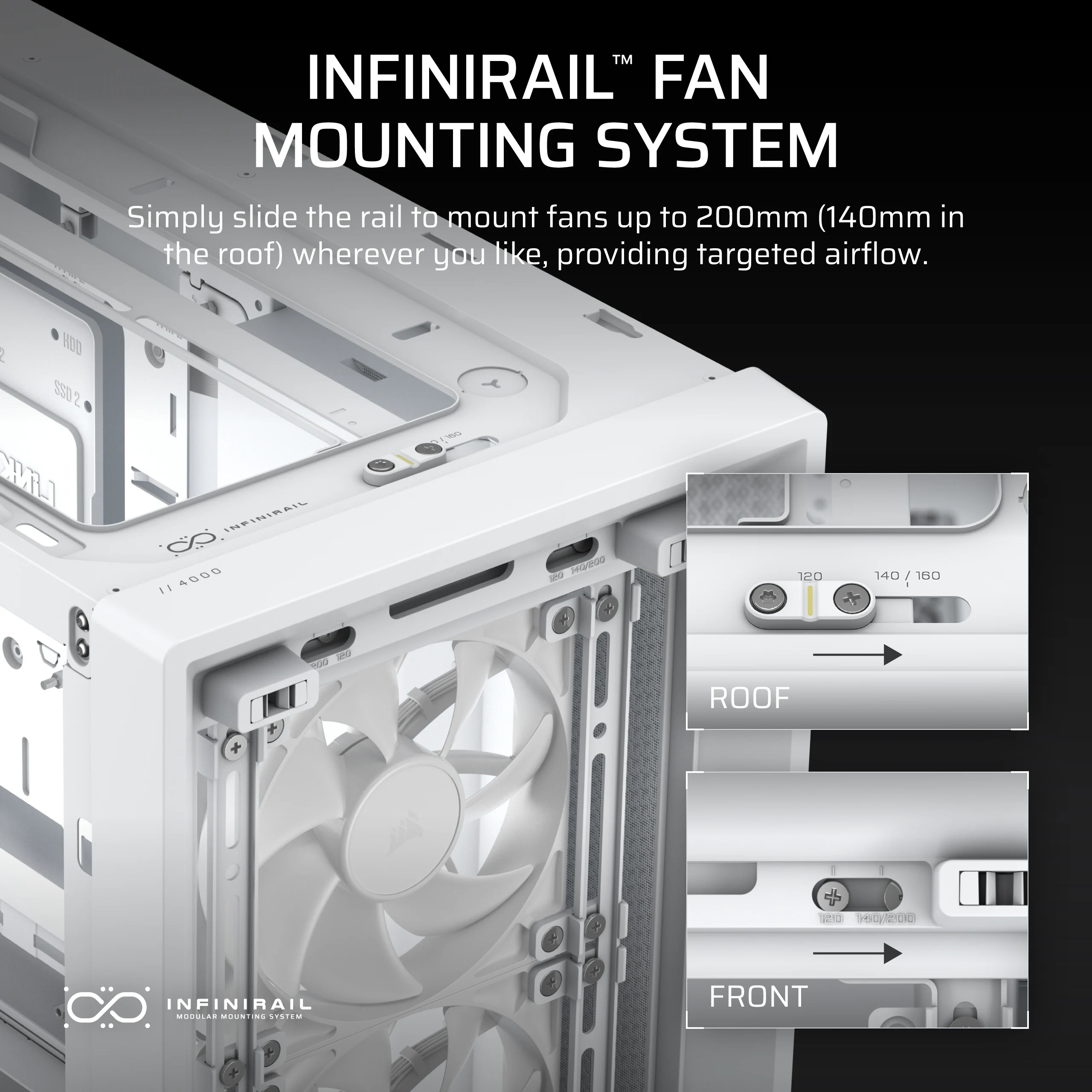 Un boîtier de PC blanc avec système de montage de ventilateur et ventilateurs.